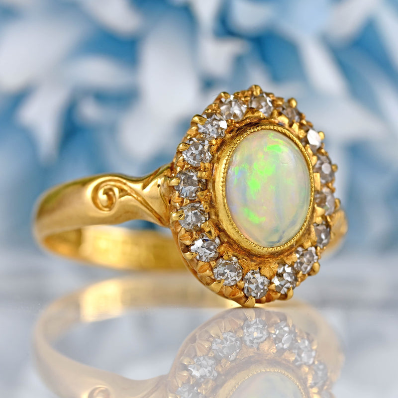Ellibelle Jewellery Antique Edwardian Opal & Old-Cut Diamond 18ct Gold Cluster Ring