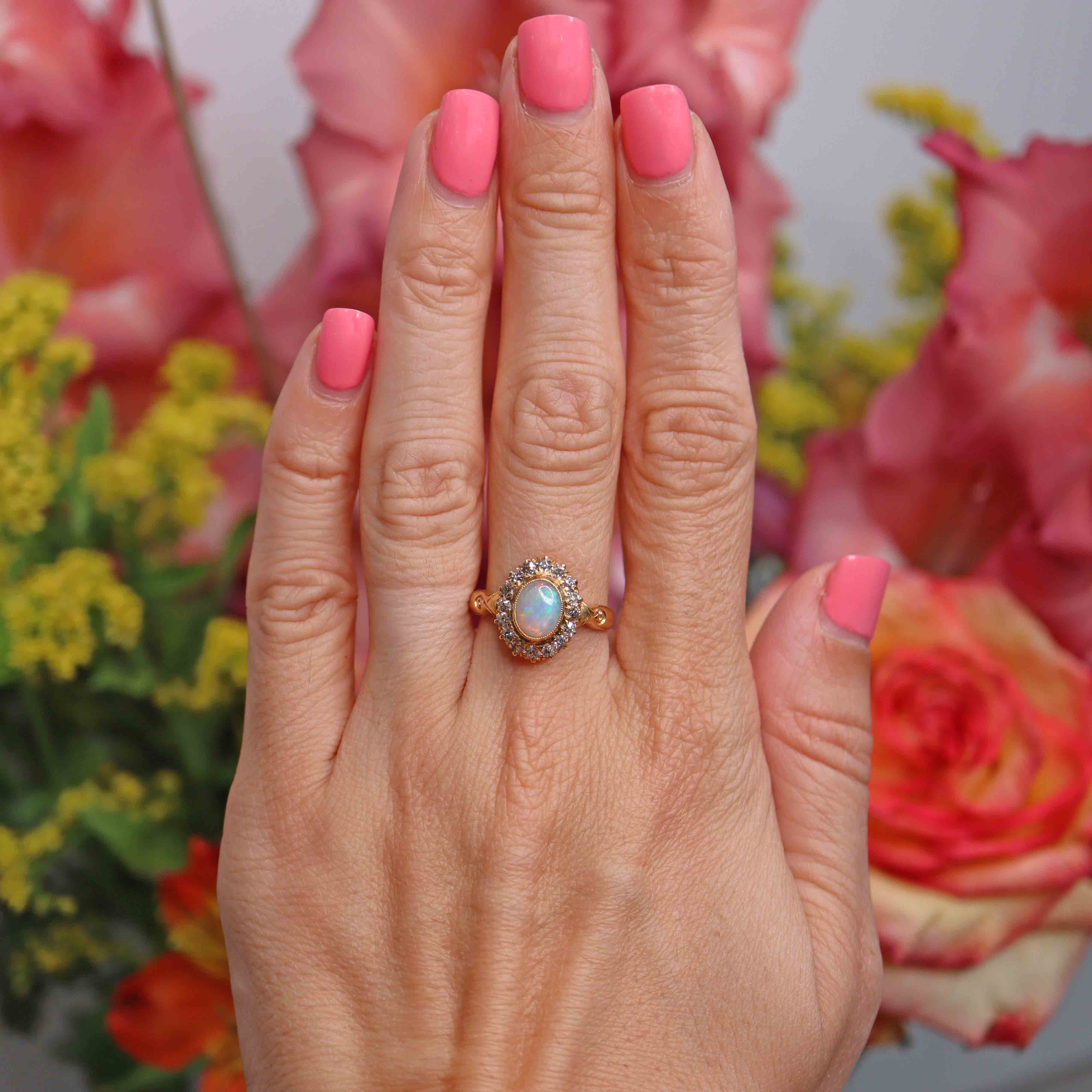 Ellibelle Jewellery Antique Edwardian Opal & Old-Cut Diamond 18ct Gold Cluster Ring