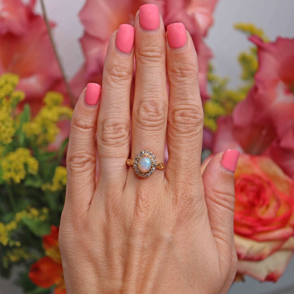 Ellibelle Jewellery Antique Edwardian Opal & Old-Cut Diamond 18ct Gold Cluster Ring