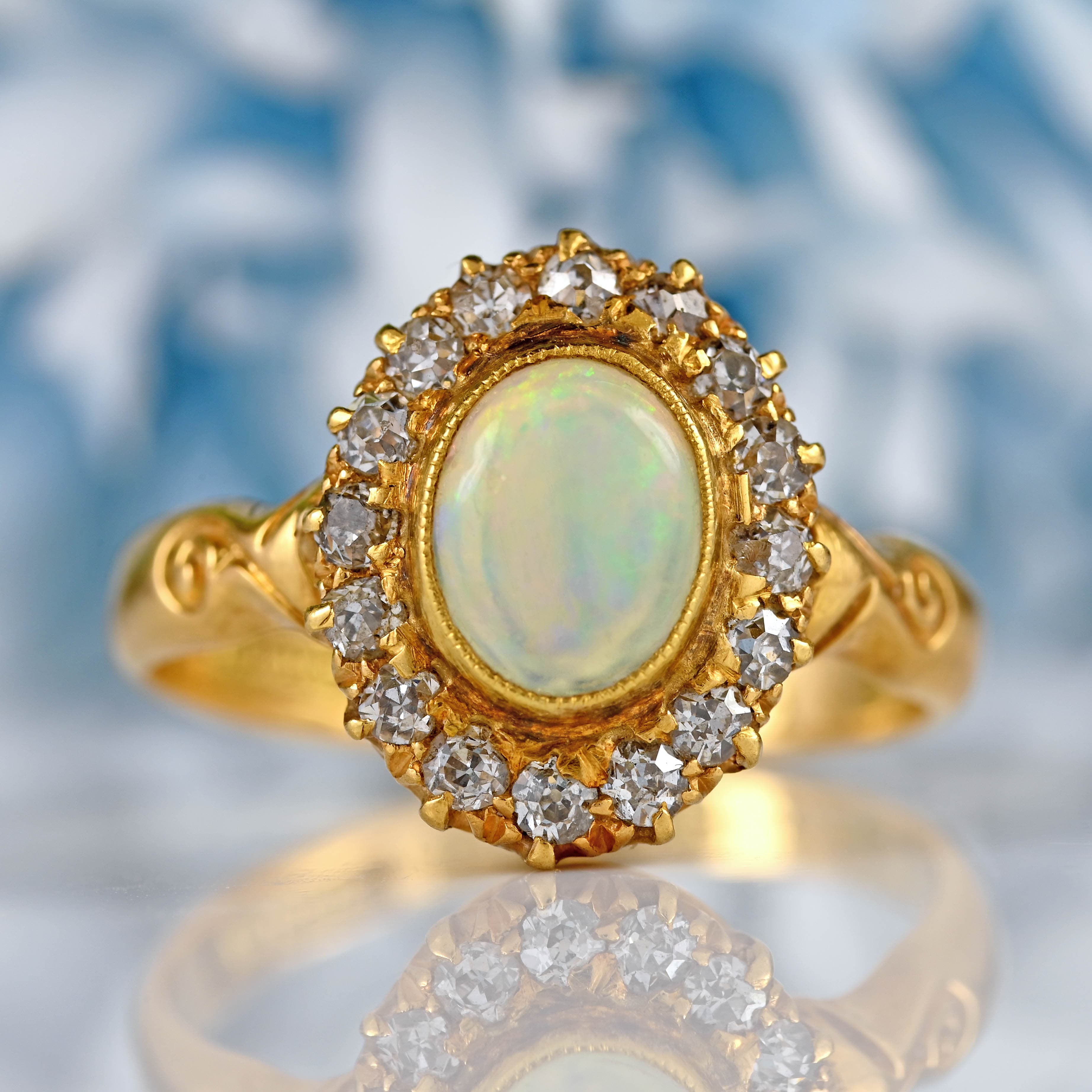 Ellibelle Jewellery Antique Edwardian Opal & Old-Cut Diamond 18ct Gold Cluster Ring