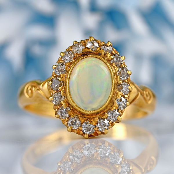 Ellibelle Jewellery Antique Edwardian Opal & Old-Cut Diamond 18ct Gold Cluster Ring