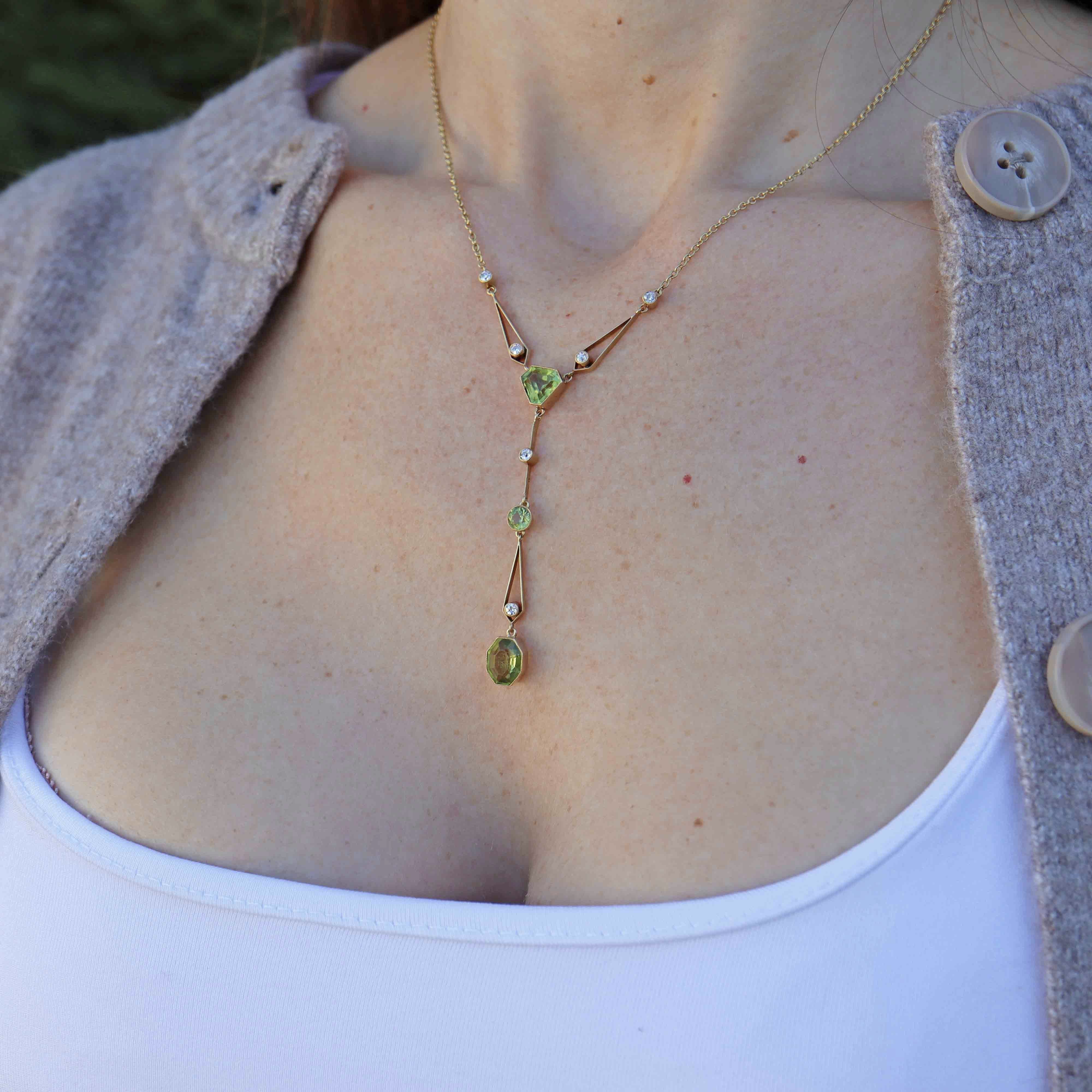 Ellibelle Jewellery Antique Edwardian Peridot & Diamond 15ct Gold Pendant Necklace