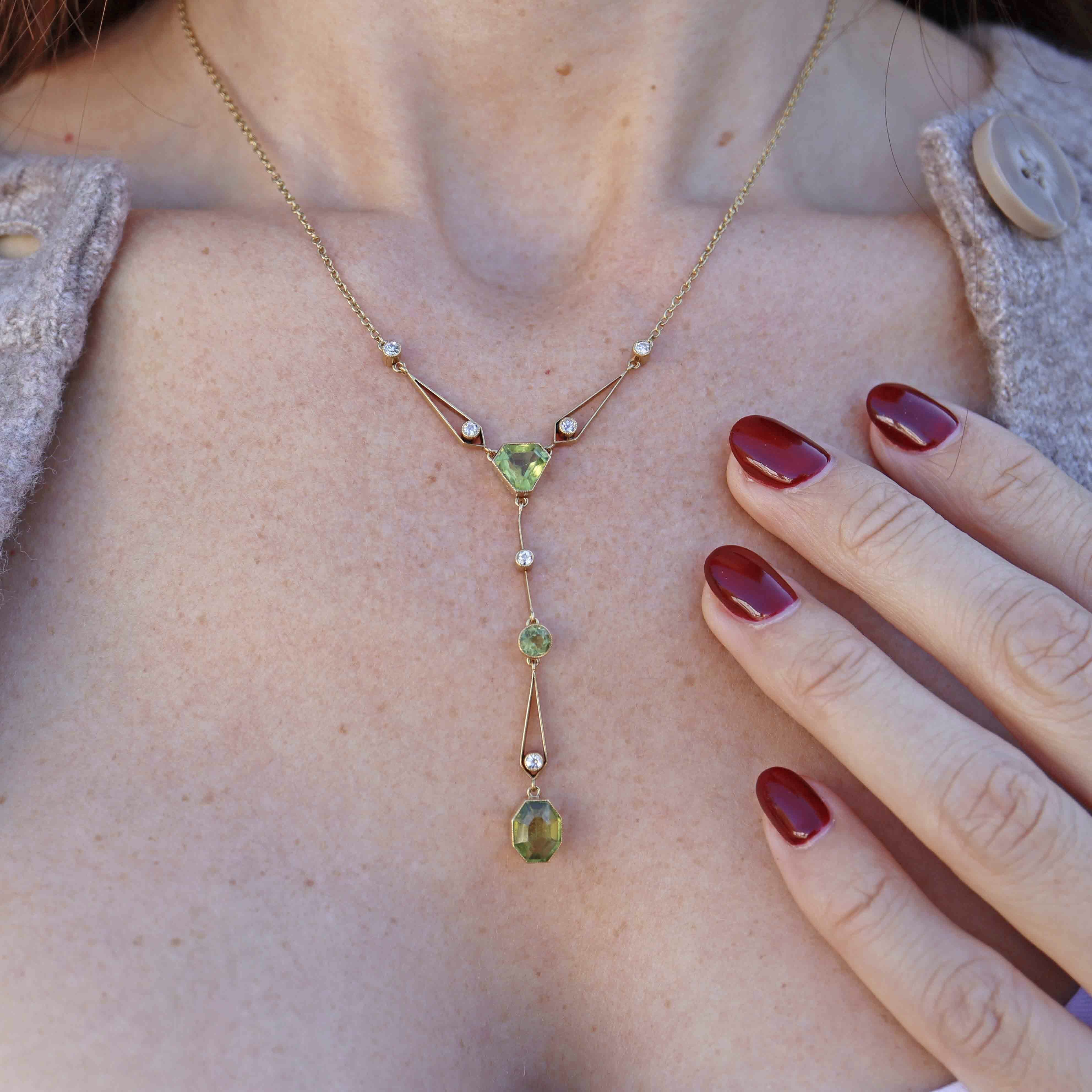 Ellibelle Jewellery Antique Edwardian Peridot & Diamond 15ct Gold Pendant Necklace