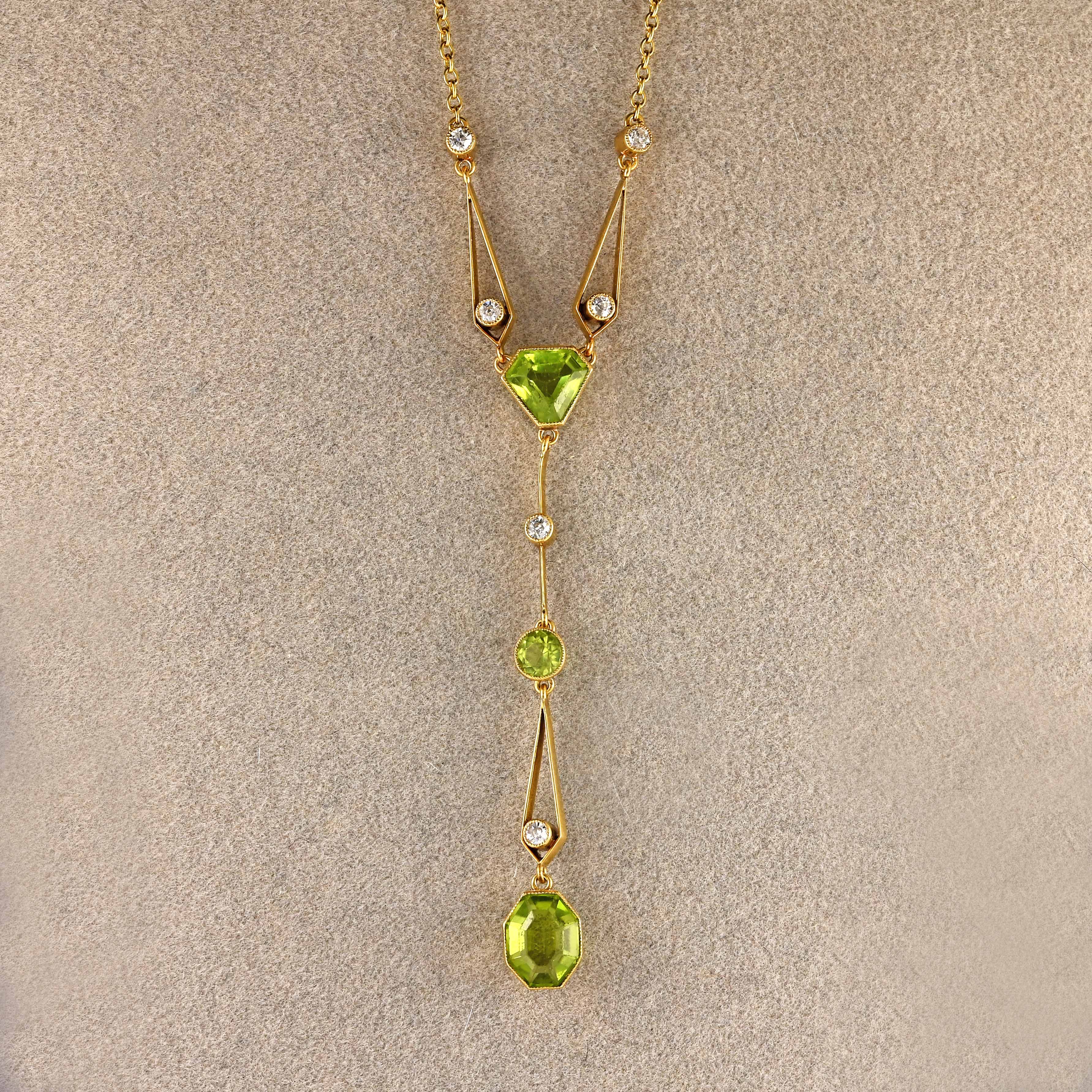 Ellibelle Jewellery Antique Edwardian Peridot & Diamond 15ct Gold Pendant Necklace