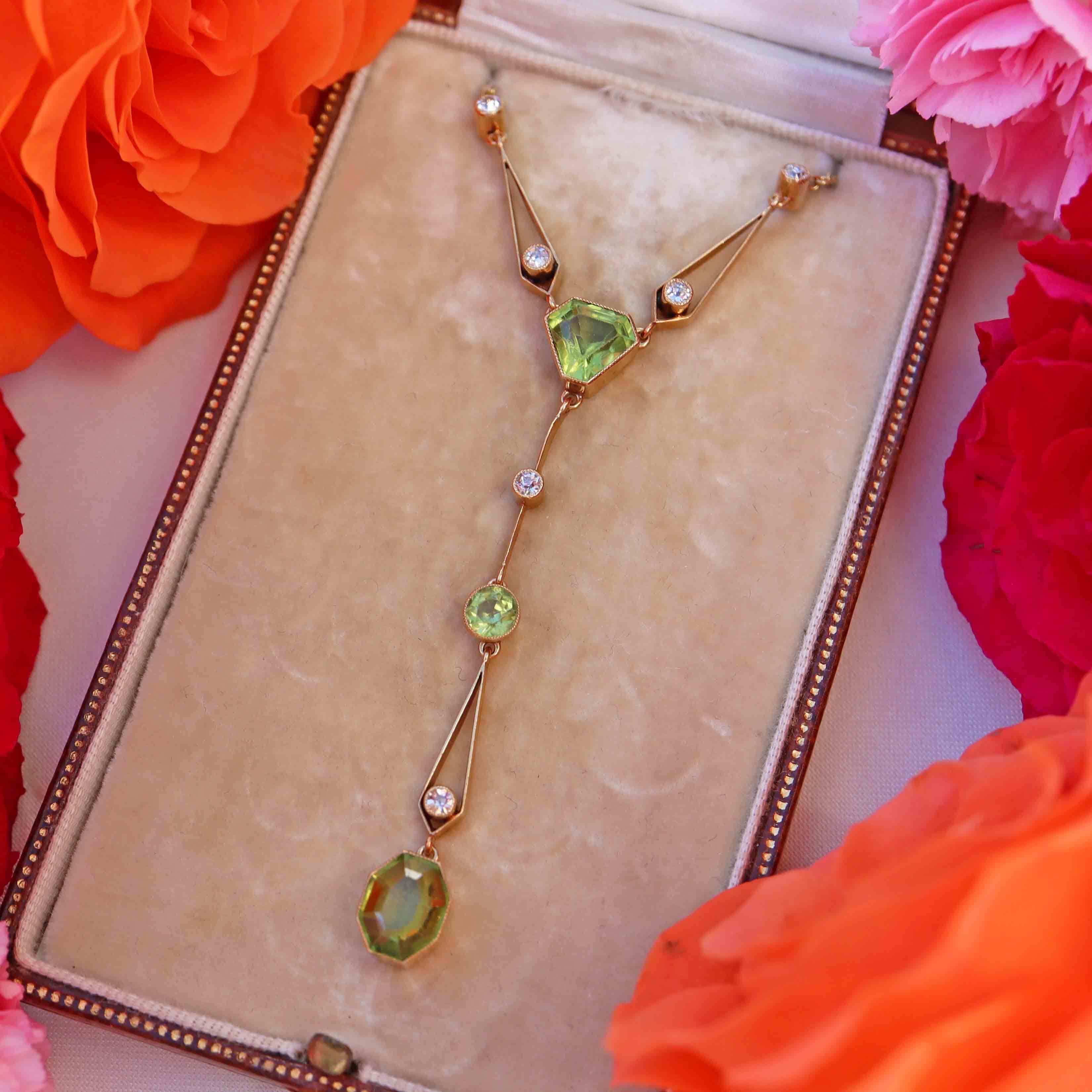 Ellibelle Jewellery Antique Edwardian Peridot & Diamond 15ct Gold Pendant Necklace