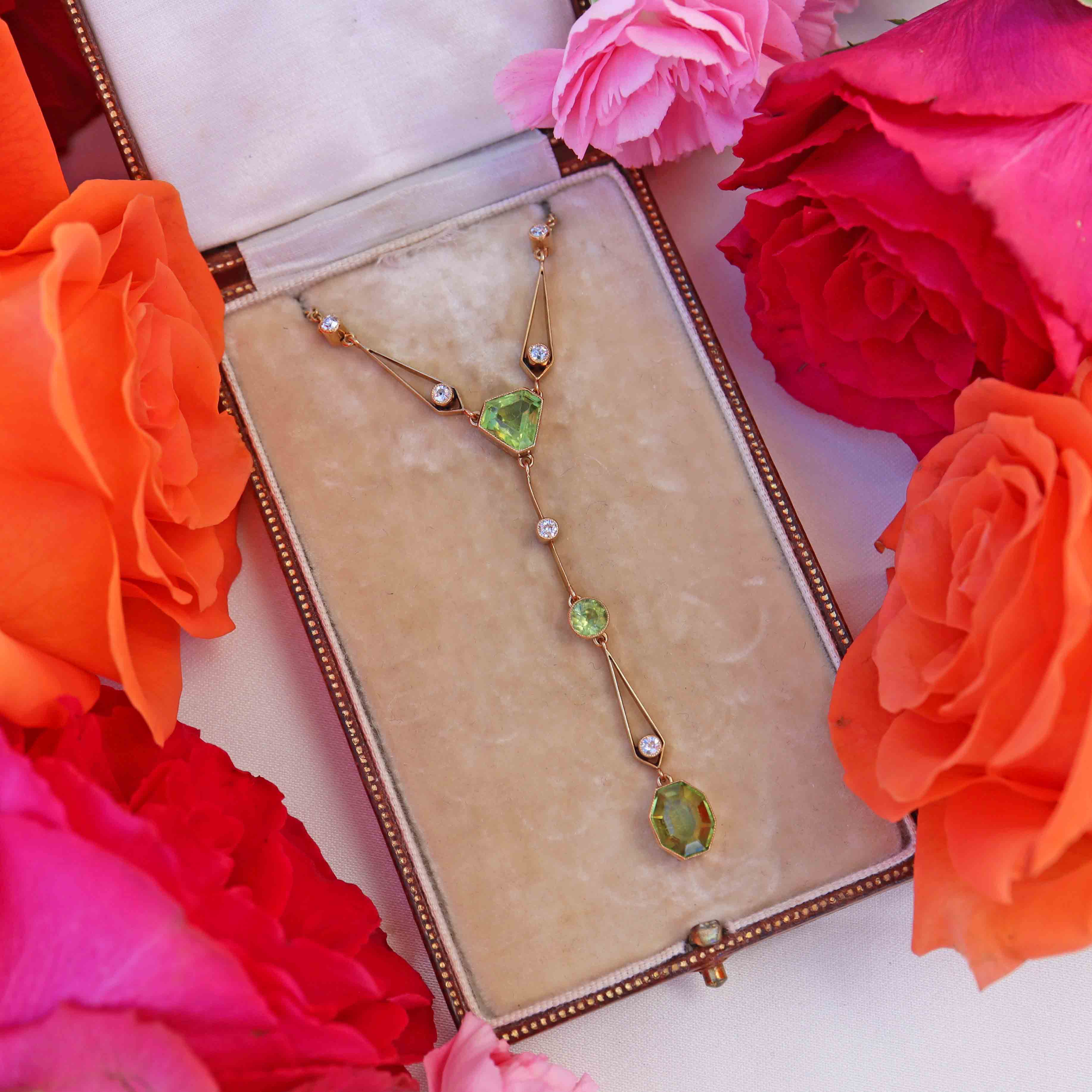 Ellibelle Jewellery Antique Edwardian Peridot & Diamond 15ct Gold Pendant Necklace