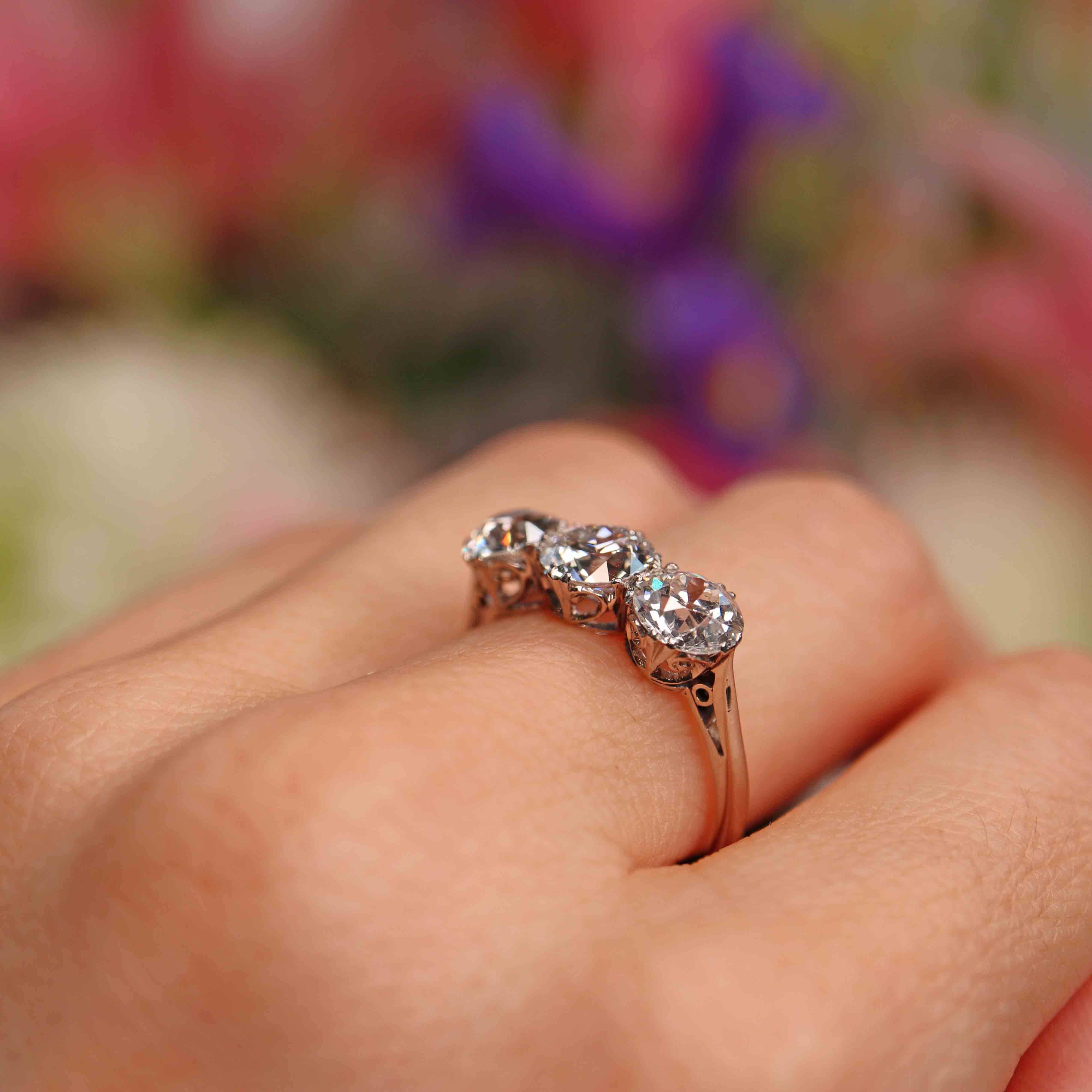 Ellibelle Jewellery Antique Edwardian Platinum Diamond Three-Stone Engagement Ring (3.02cts)