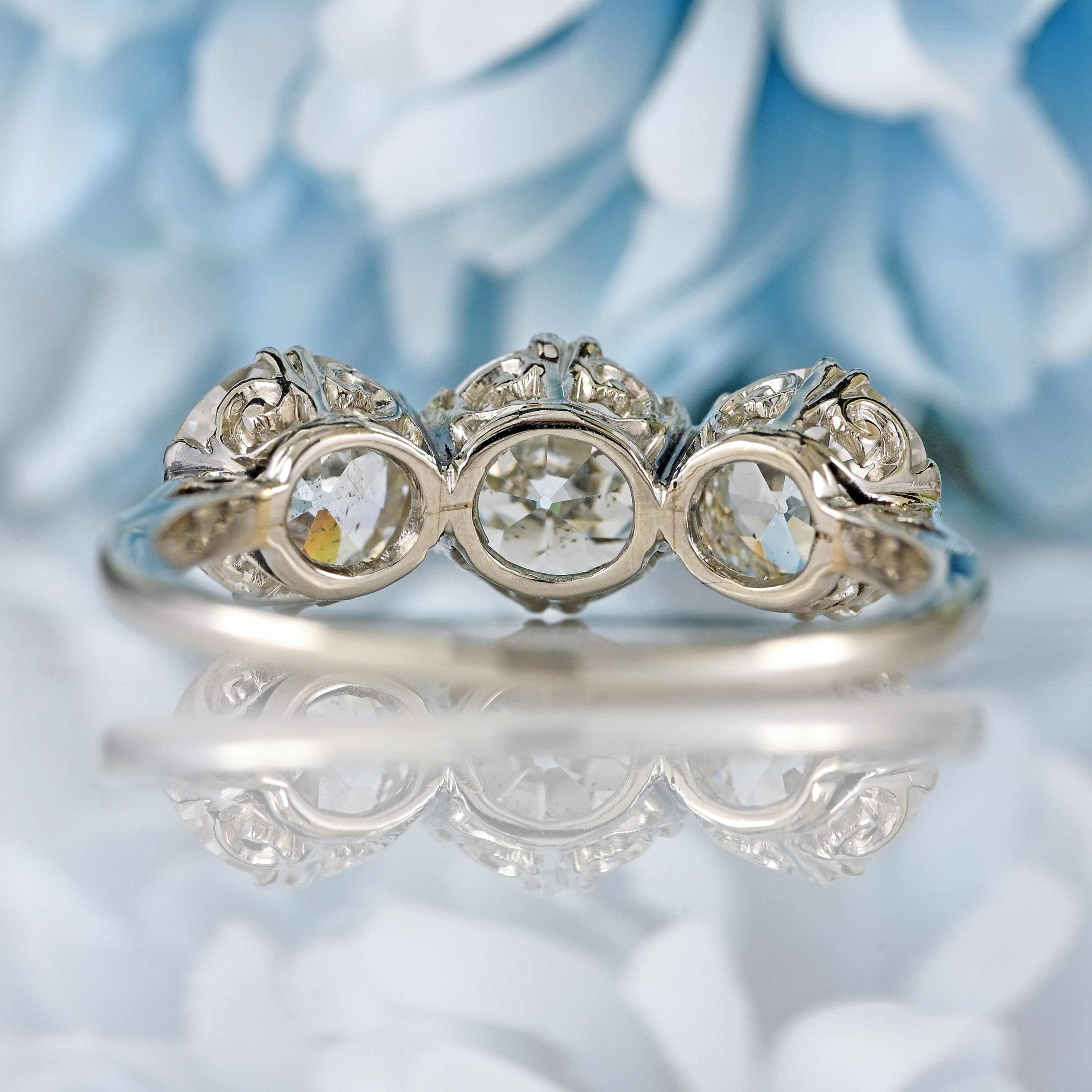 Ellibelle Jewellery Antique Edwardian Platinum Diamond Three-Stone Engagement Ring (3.02cts)