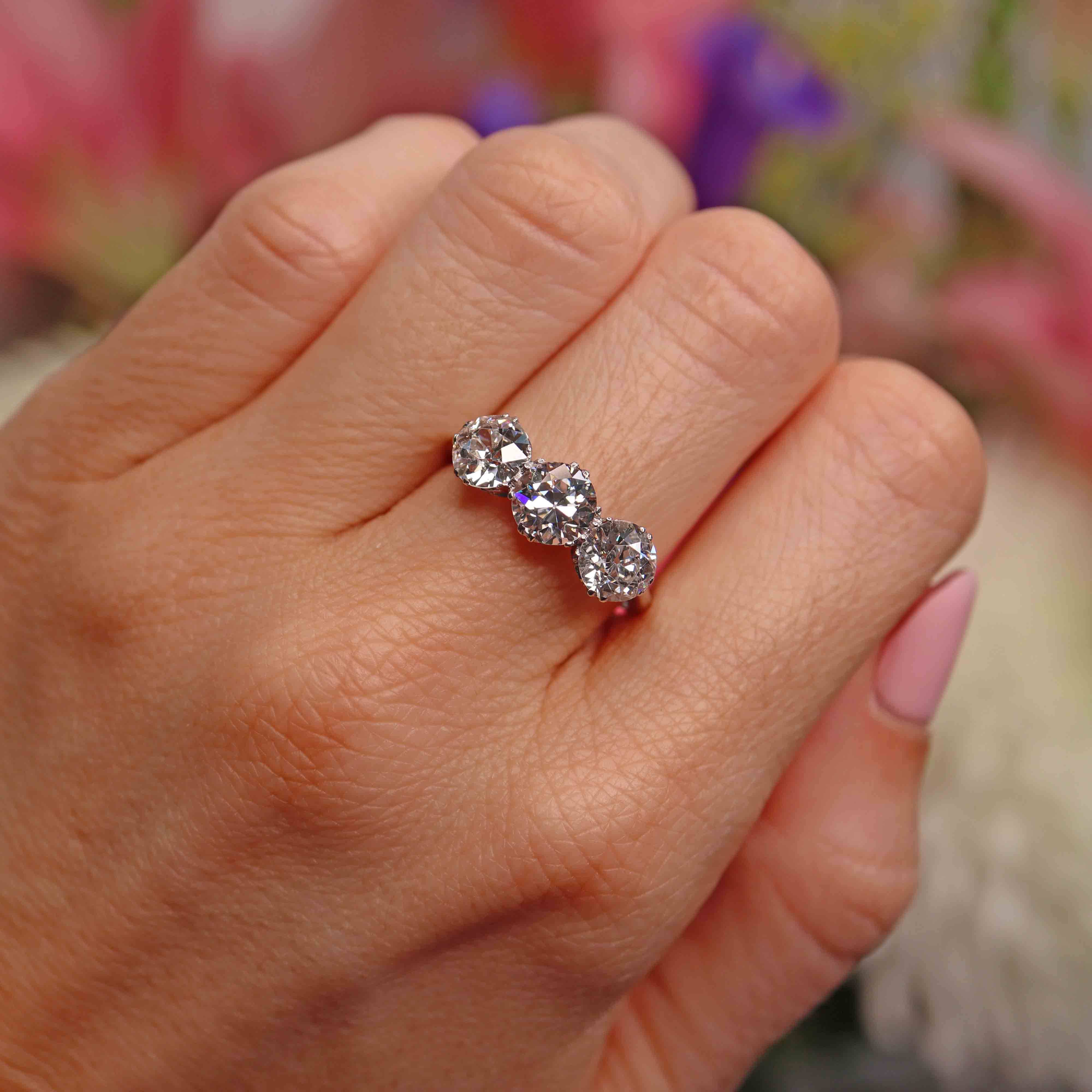 Ellibelle Jewellery Antique Edwardian Platinum Diamond Three-Stone Engagement Ring (3.02cts)