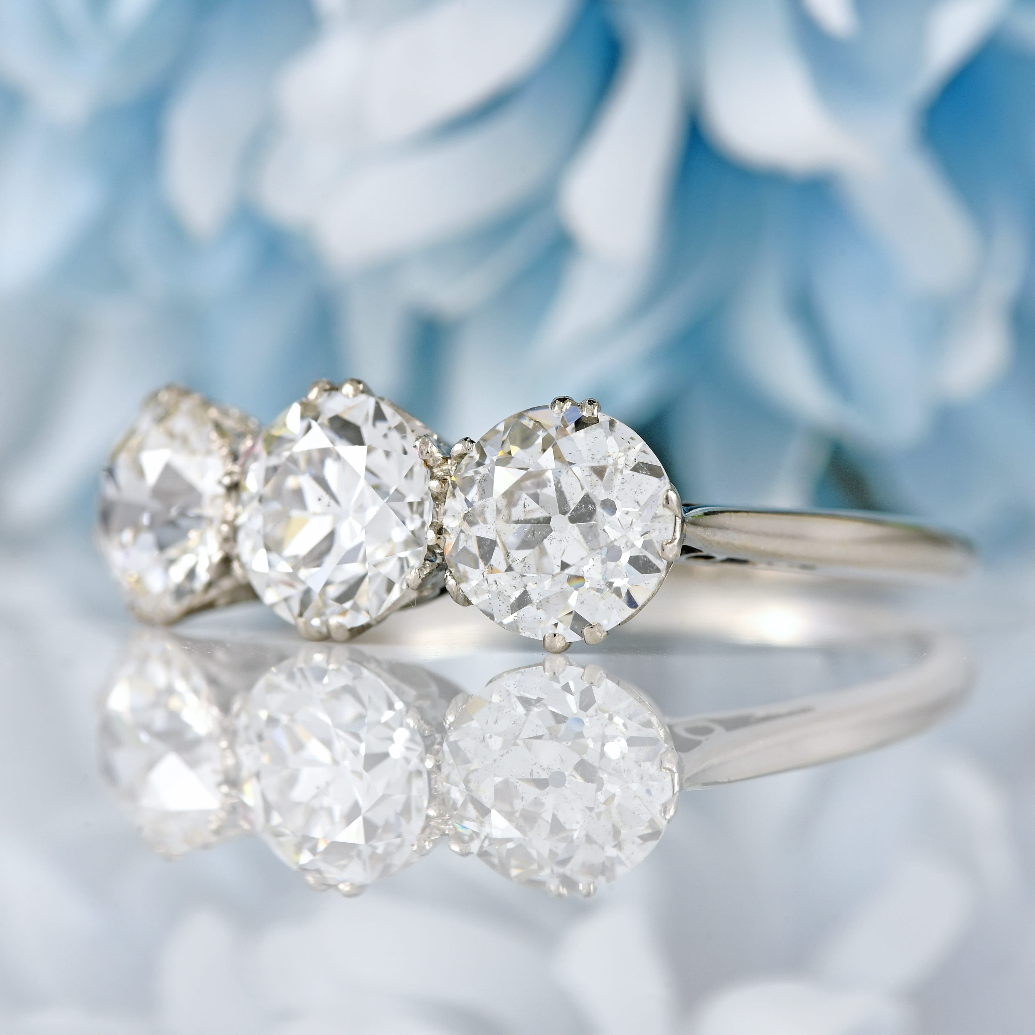 Ellibelle Jewellery Antique Edwardian Platinum Diamond Three-Stone Engagement Ring (3.02cts)