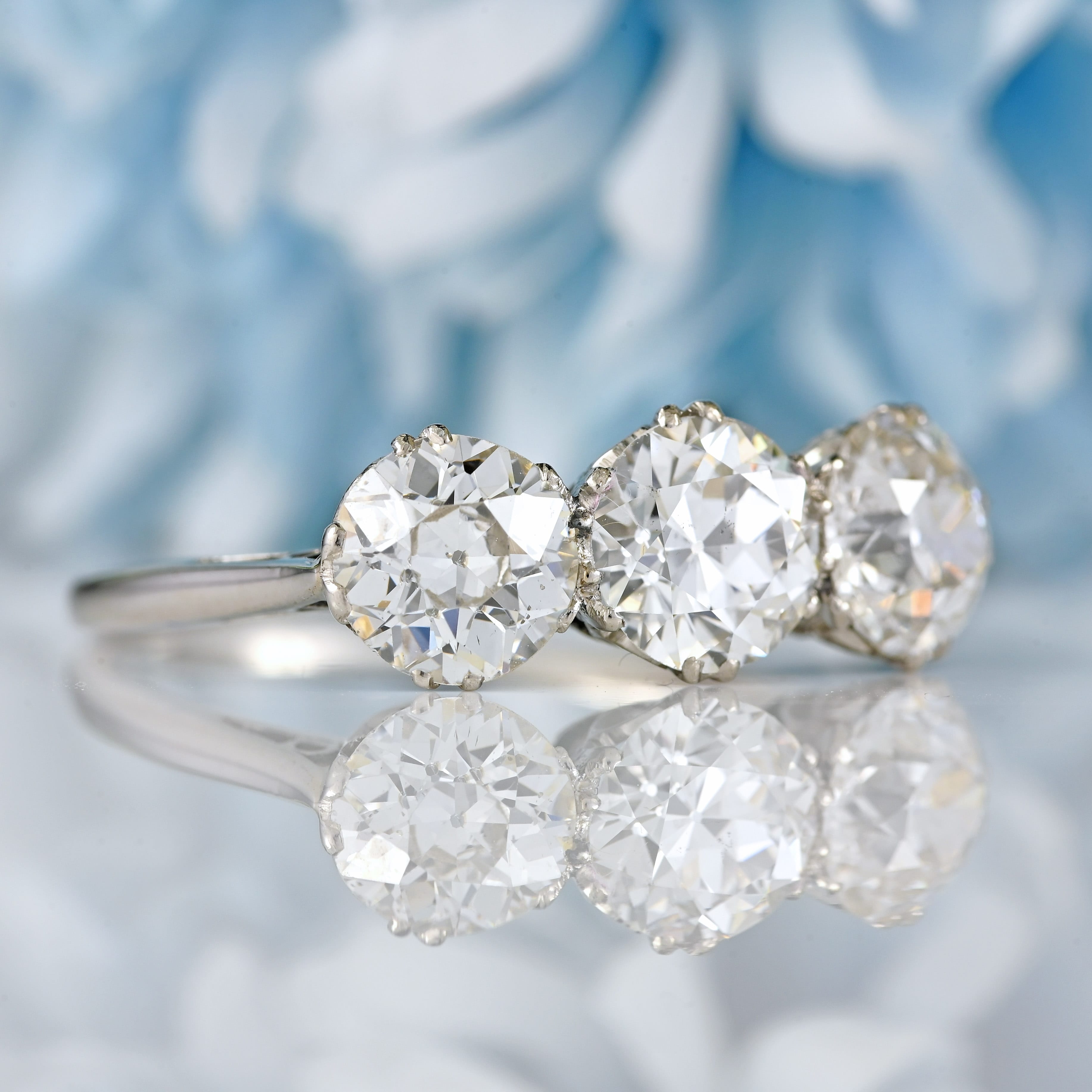 Ellibelle Jewellery Antique Edwardian Platinum Diamond Three-Stone Engagement Ring (3.02cts)