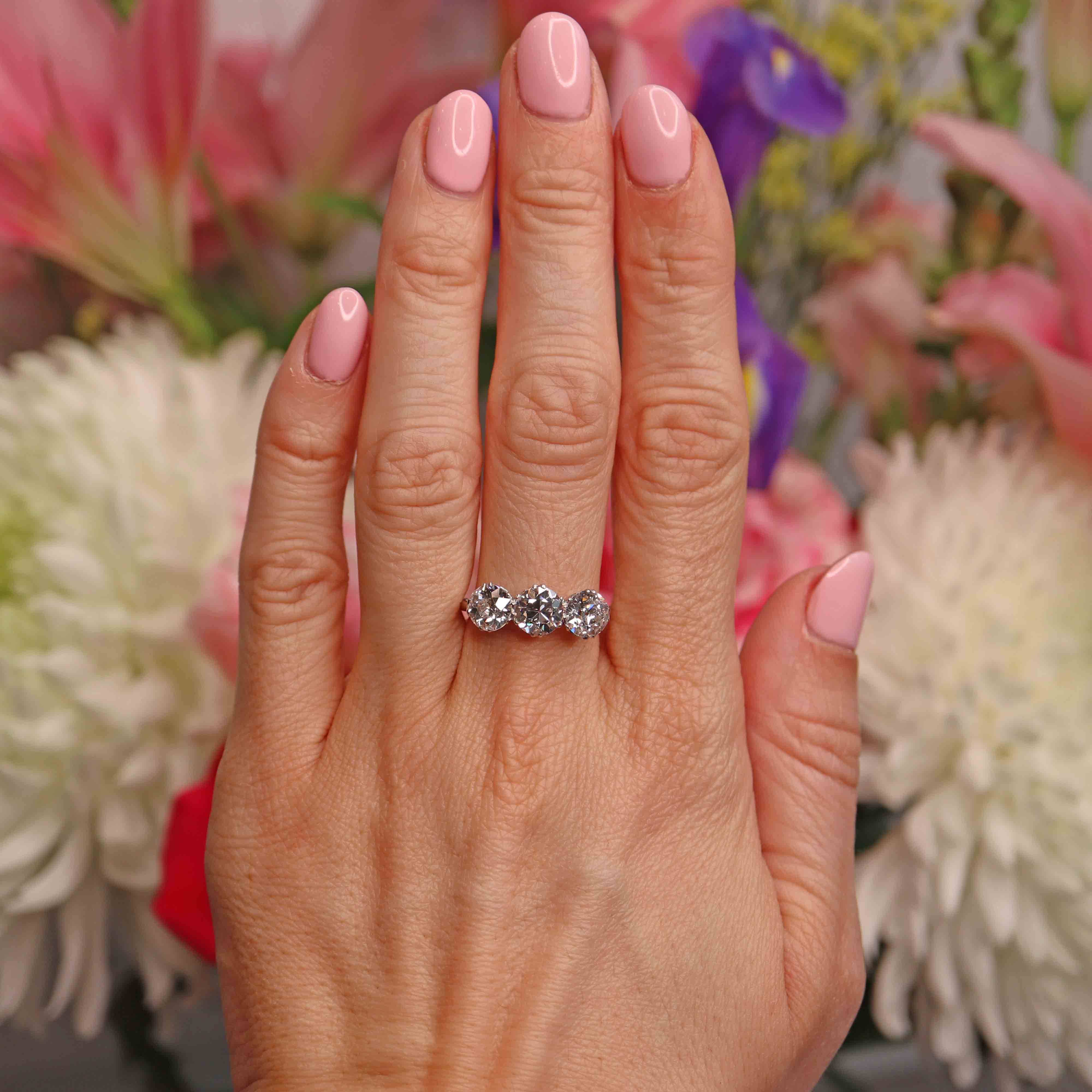 Ellibelle Jewellery Antique Edwardian Platinum Diamond Three-Stone Engagement Ring (3.02cts)