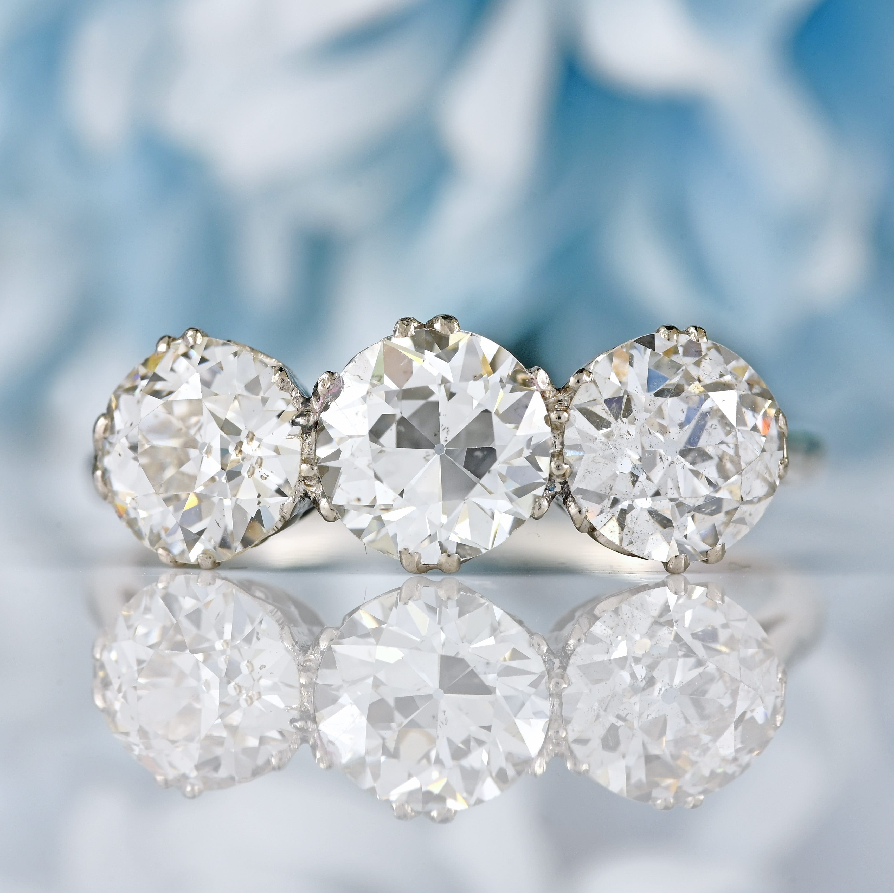 Ellibelle Jewellery Antique Edwardian Platinum Diamond Three-Stone Engagement Ring (3.02cts)