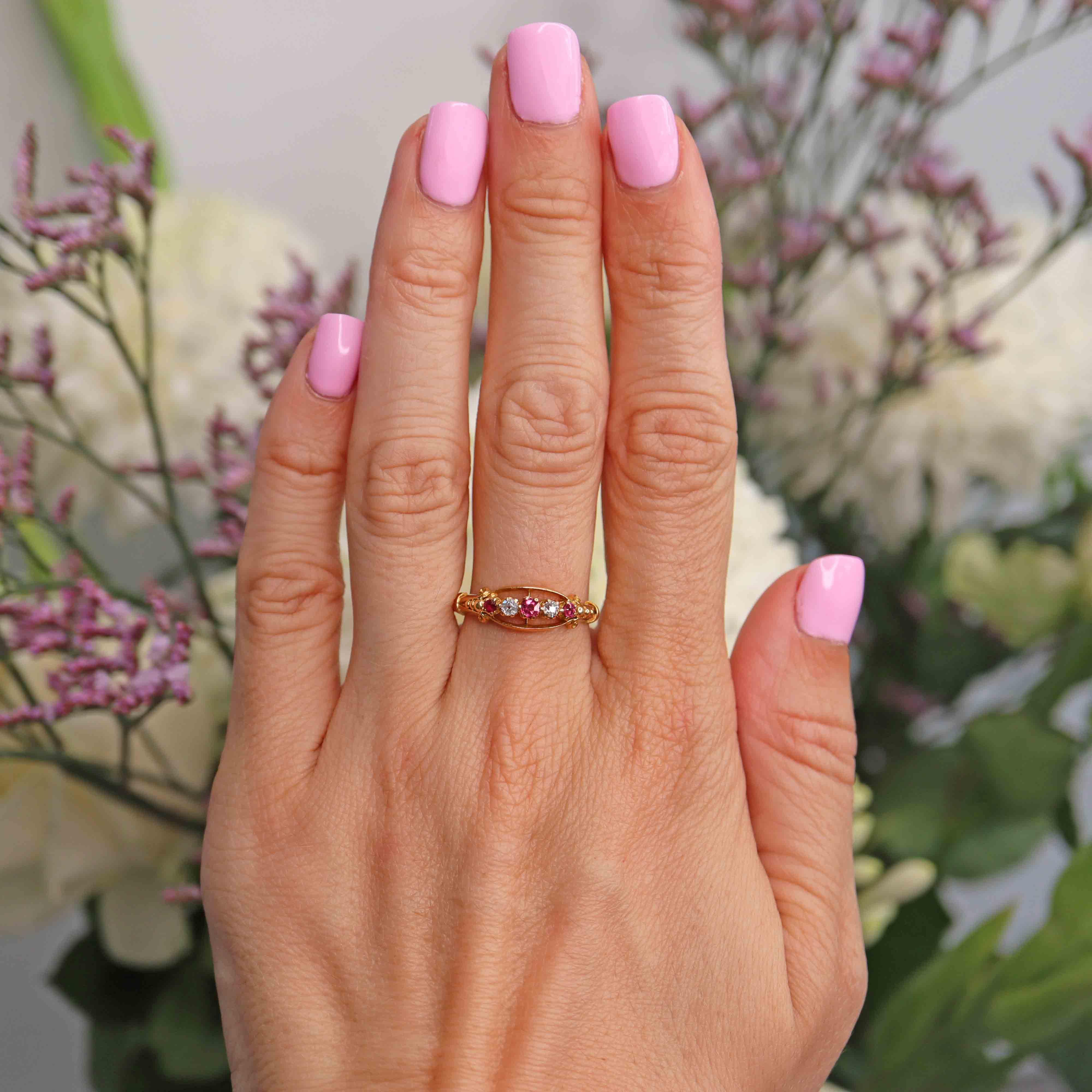 Ellibelle Jewellery Antique Edwardian Ruby & Diamond 18ct Gold Five-Stone Ring - Chester 1907