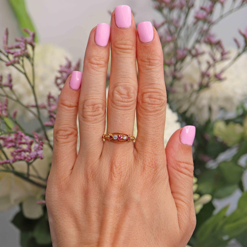 Ellibelle Jewellery Antique Edwardian Ruby & Diamond 18ct Gold Five-Stone Ring - Chester 1907