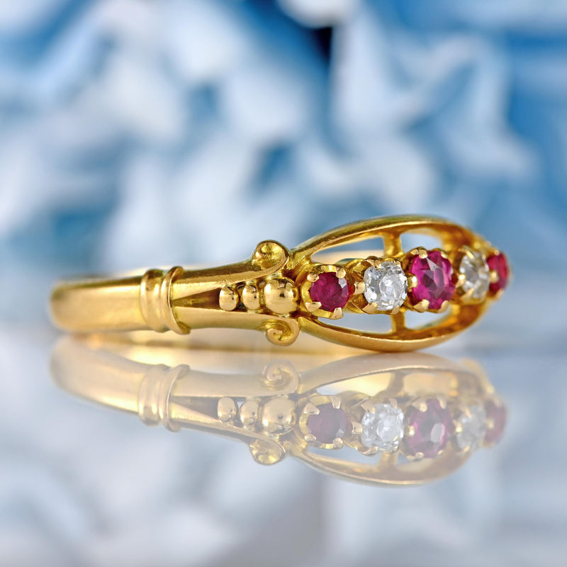 Ellibelle Jewellery Antique Edwardian Ruby & Diamond 18ct Gold Five-Stone Ring - Chester 1907