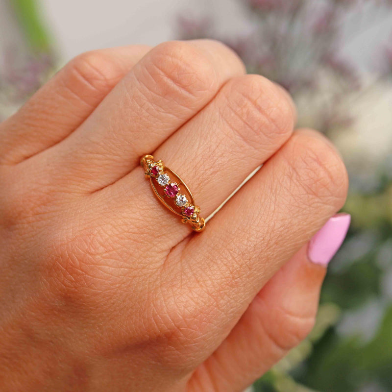 Ellibelle Jewellery Antique Edwardian Ruby & Diamond 18ct Gold Five-Stone Ring - Chester 1907