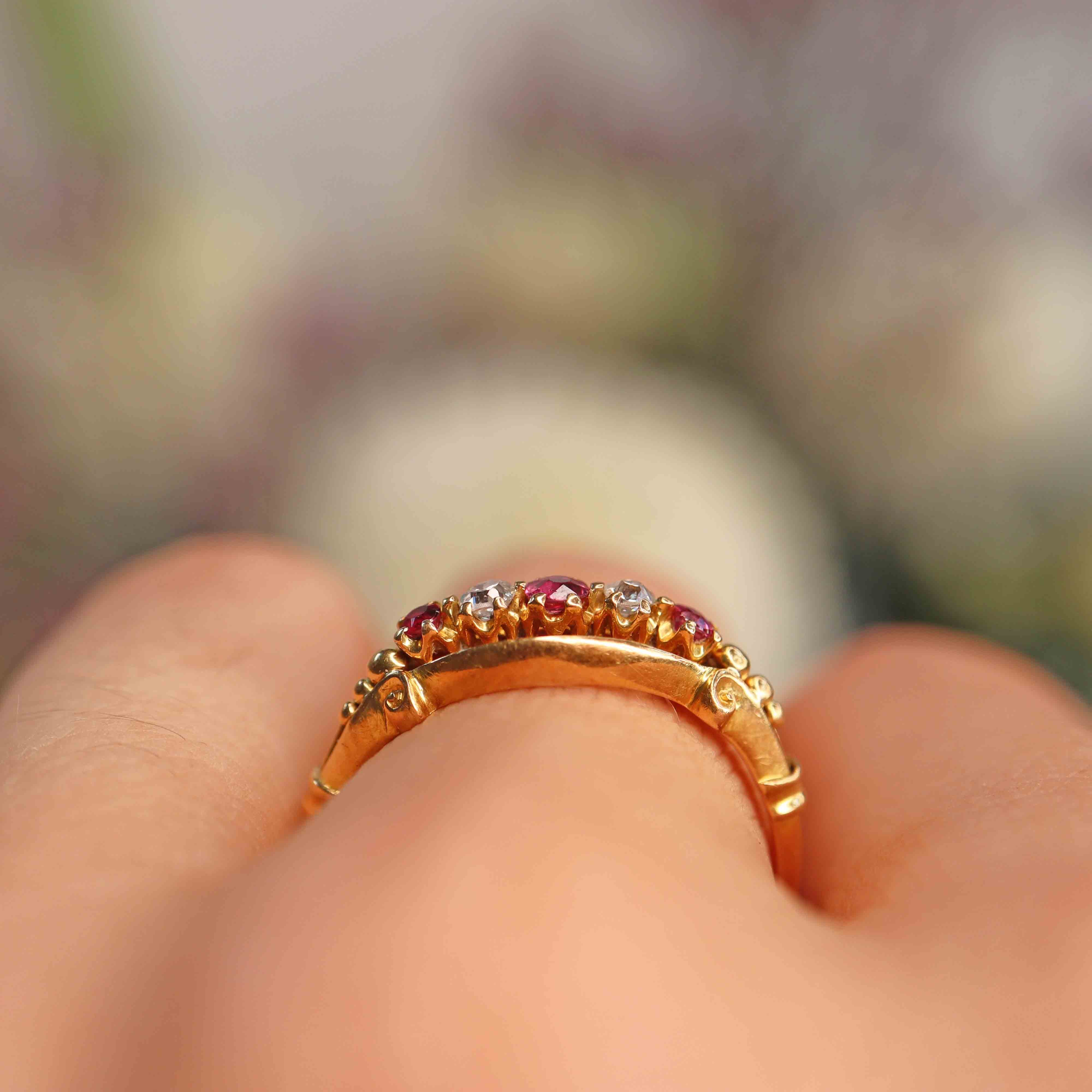 Ellibelle Jewellery Antique Edwardian Ruby & Diamond 18ct Gold Five-Stone Ring - Chester 1907