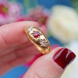 Ellibelle Jewellery Antique Edwardian Ruby & Diamond 18ct Gold Starburst Three-Stone Gypsy Ring