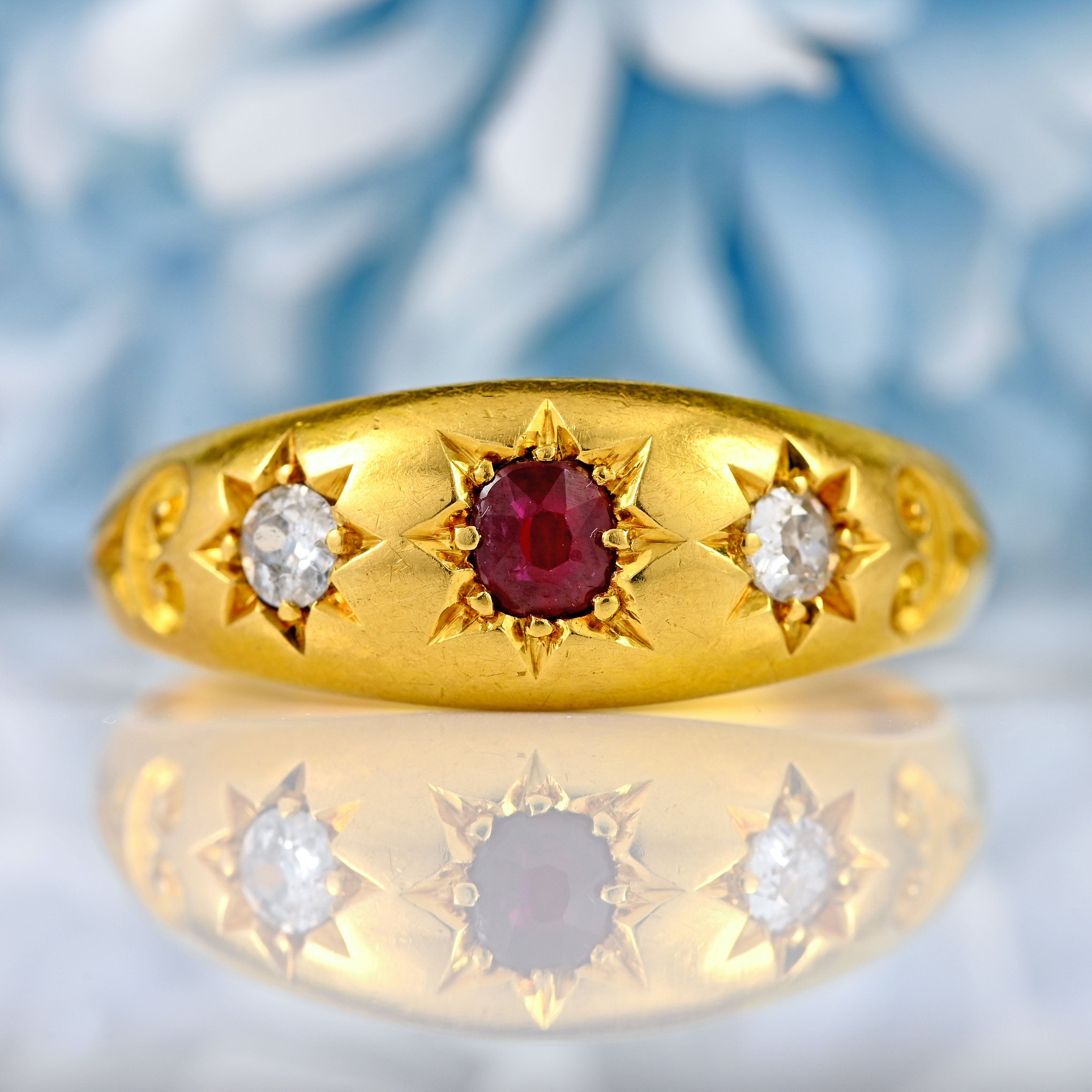 Ellibelle Jewellery Antique Edwardian Ruby & Diamond 18ct Gold Starburst Three-Stone Gypsy Ring