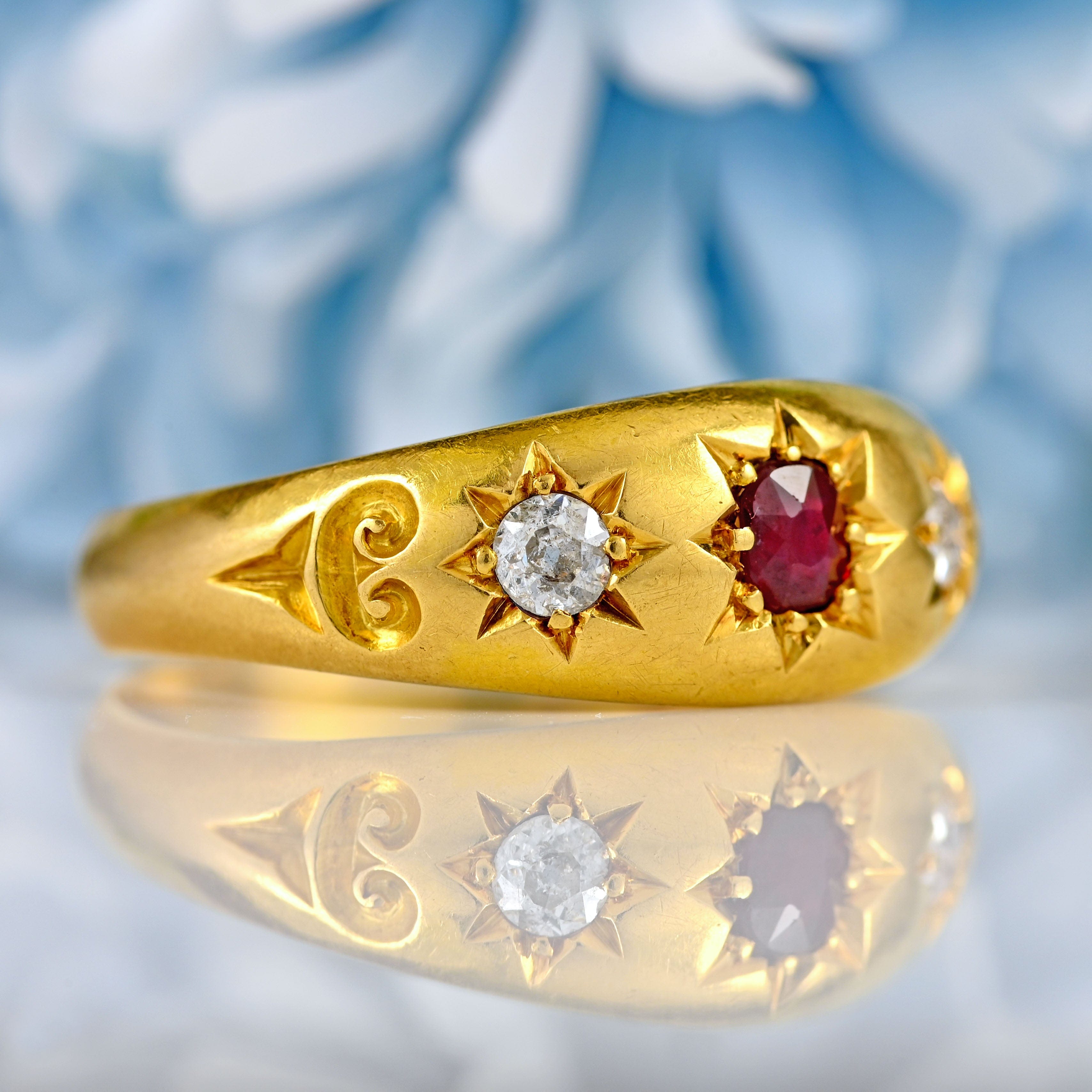 Ellibelle Jewellery Antique Edwardian Ruby & Diamond 18ct Gold Starburst Three-Stone Gypsy Ring