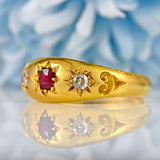 Ellibelle Jewellery Antique Edwardian Ruby & Diamond 18ct Gold Starburst Three-Stone Gypsy Ring