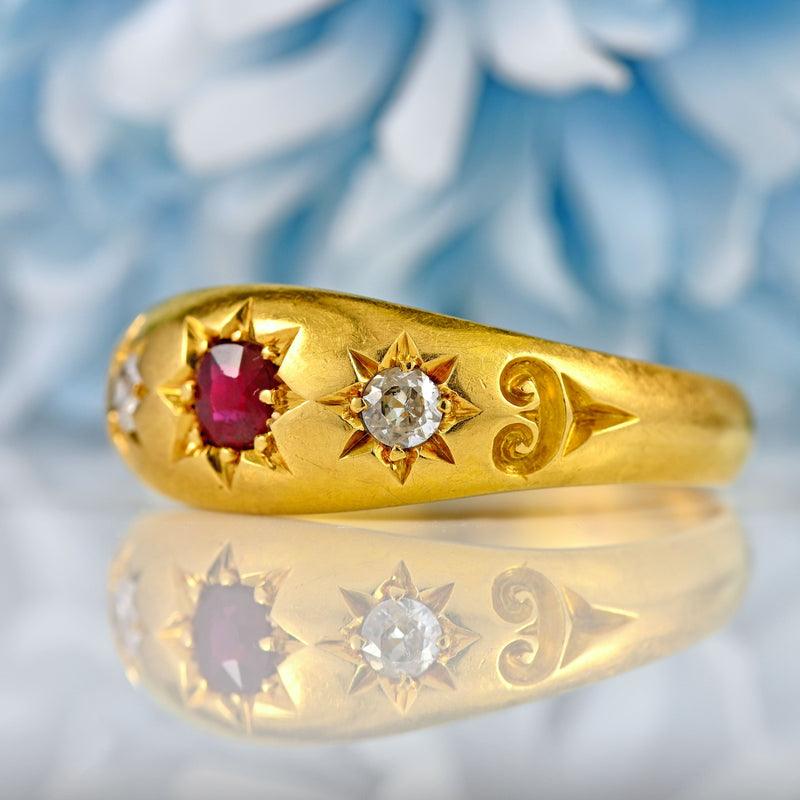 Ellibelle Jewellery Antique Edwardian Ruby & Diamond 18ct Gold Starburst Three-Stone Gypsy Ring