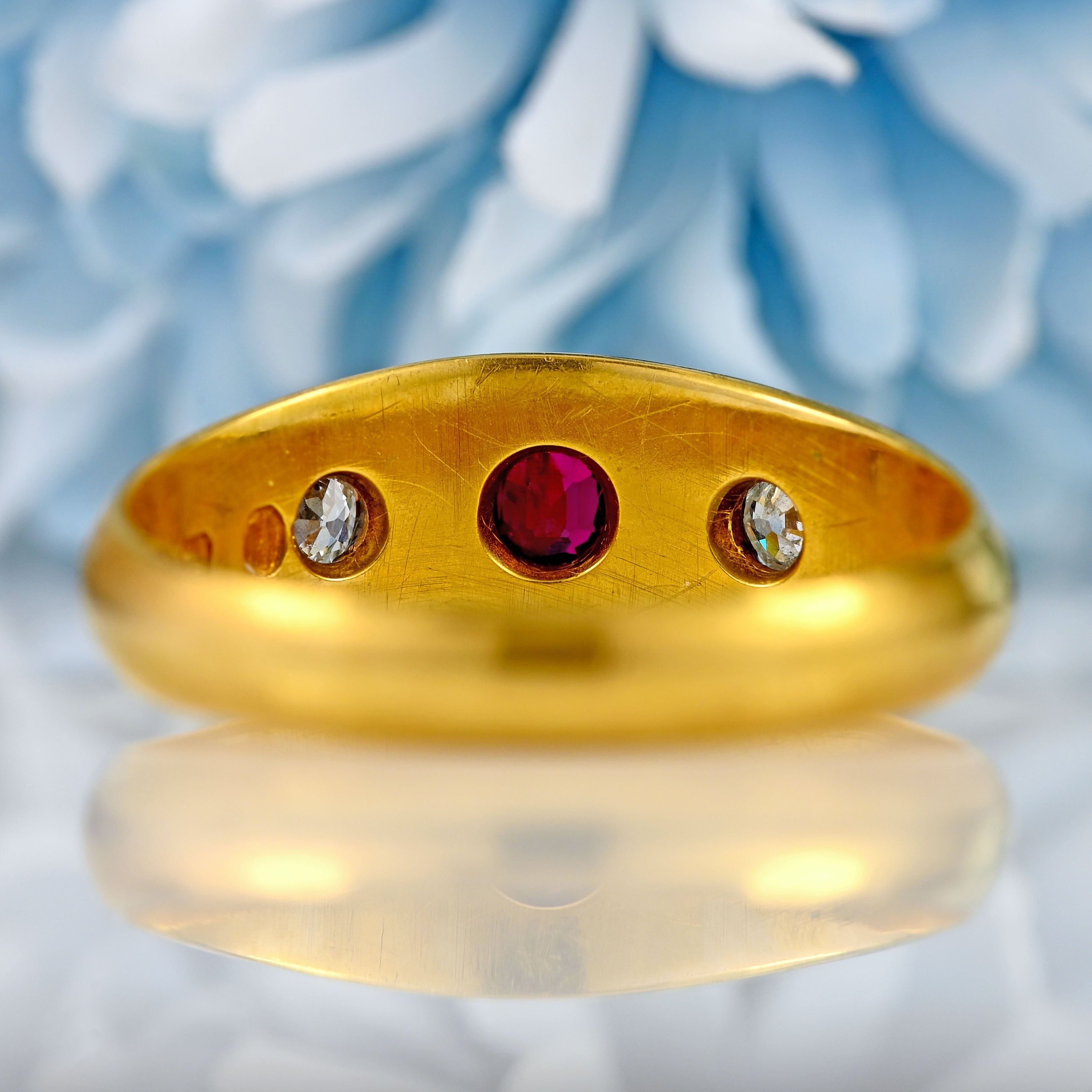 Ellibelle Jewellery Antique Edwardian Ruby & Diamond 18ct Gold Starburst Three-Stone Gypsy Ring