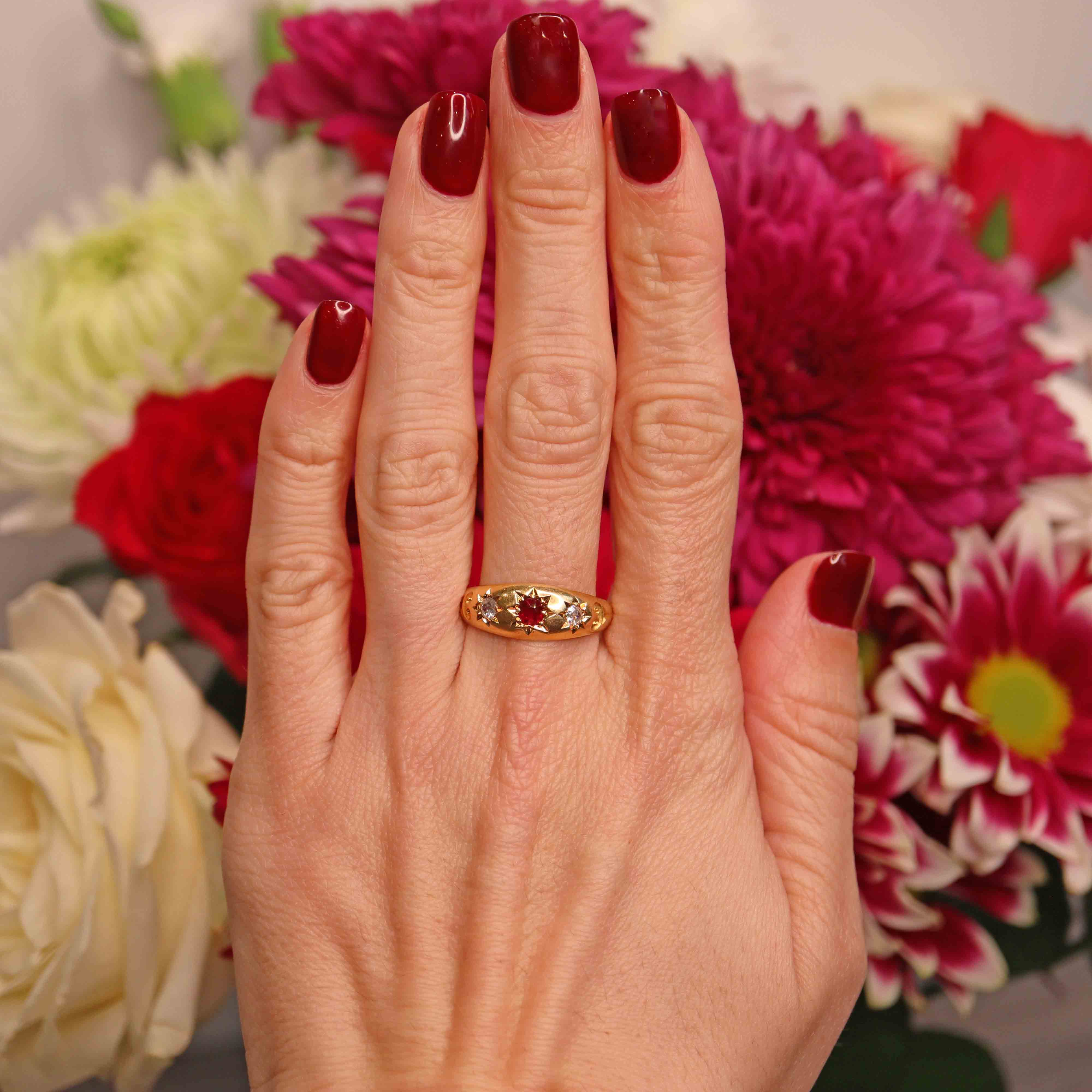 Ellibelle Jewellery Antique Edwardian Ruby & Diamond 18ct Gold Starburst Three-Stone Gypsy Ring