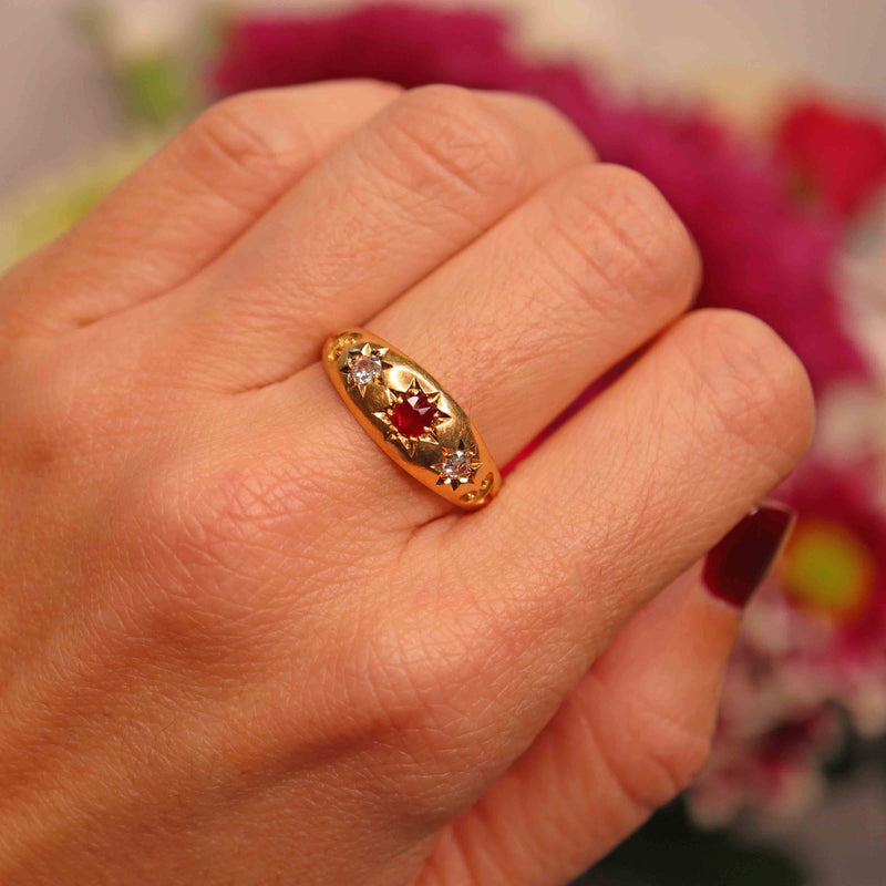 Ellibelle Jewellery Antique Edwardian Ruby & Diamond 18ct Gold Starburst Three-Stone Gypsy Ring