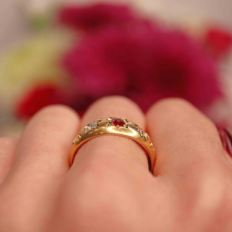 Ellibelle Jewellery Antique Edwardian Ruby & Diamond 18ct Gold Starburst Three-Stone Gypsy Ring