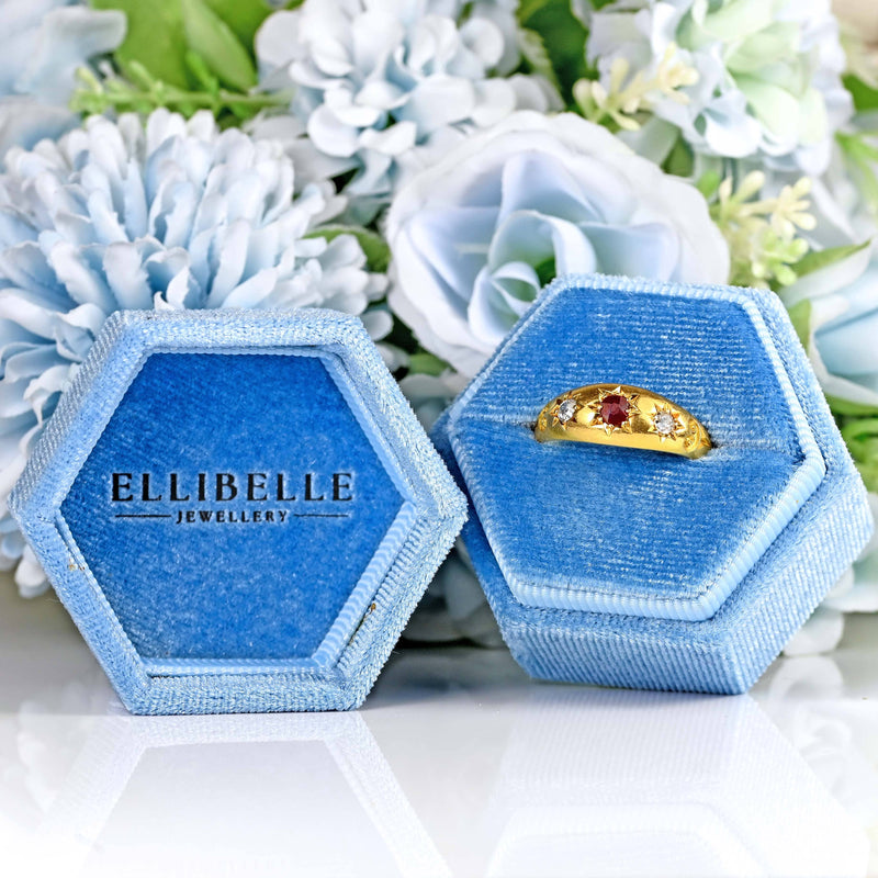 Ellibelle Jewellery Antique Edwardian Ruby & Diamond 18ct Gold Starburst Three-Stone Gypsy Ring