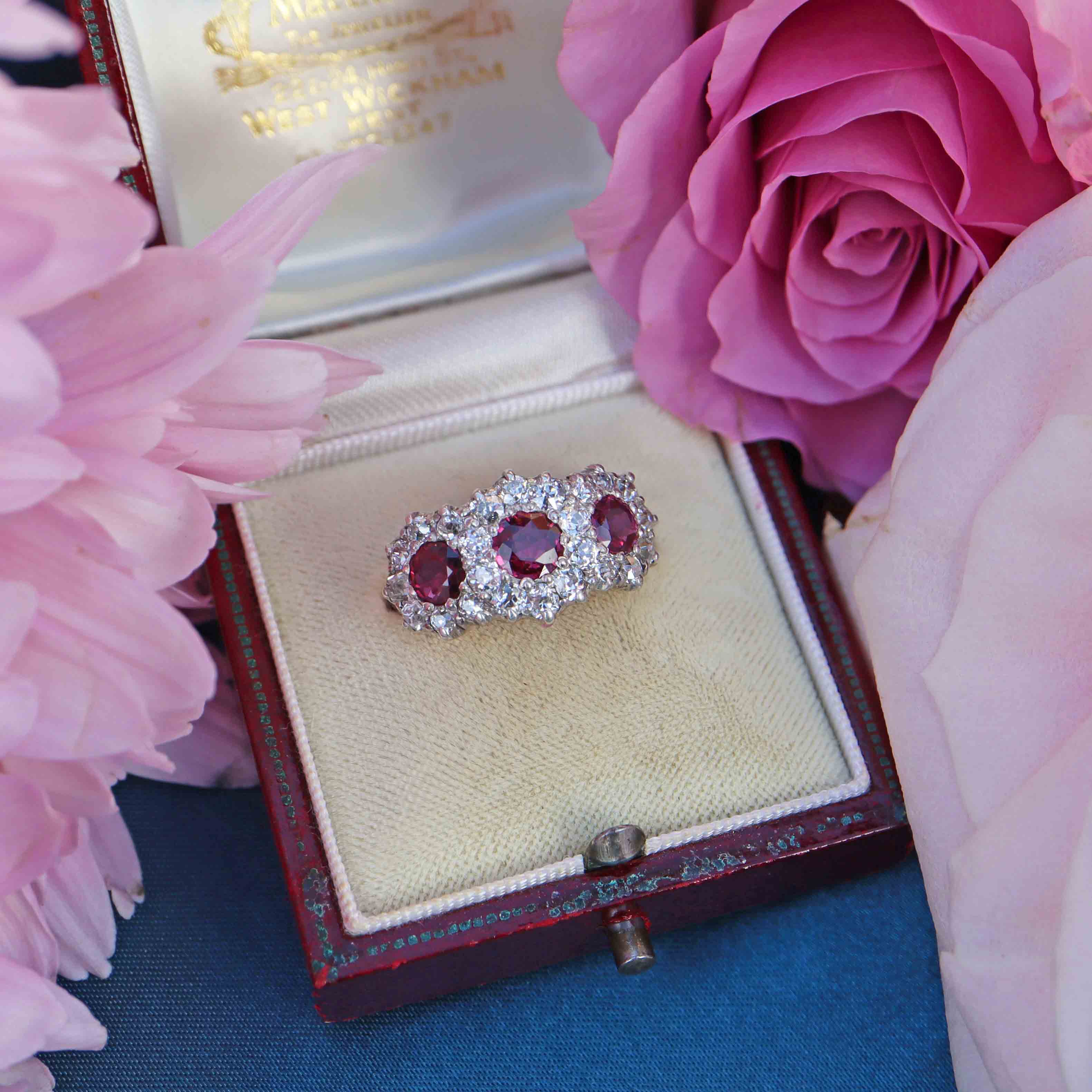 Ellibelle Jewellery Antique Edwardian Ruby & Old-Cut Diamond 18ct Gold Triple Cluster Ring