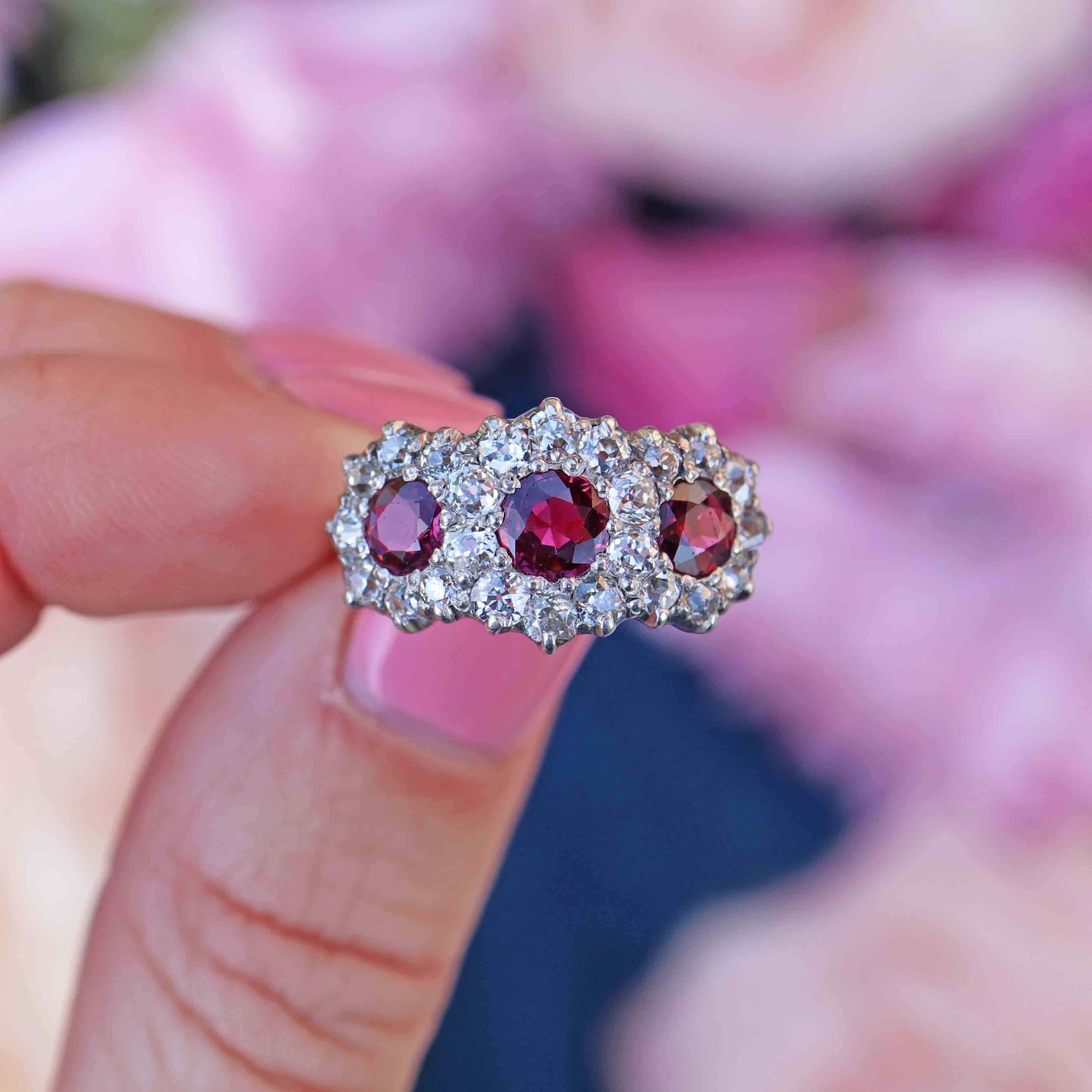 Ellibelle Jewellery Antique Edwardian Ruby & Old-Cut Diamond 18ct Gold Triple Cluster Ring
