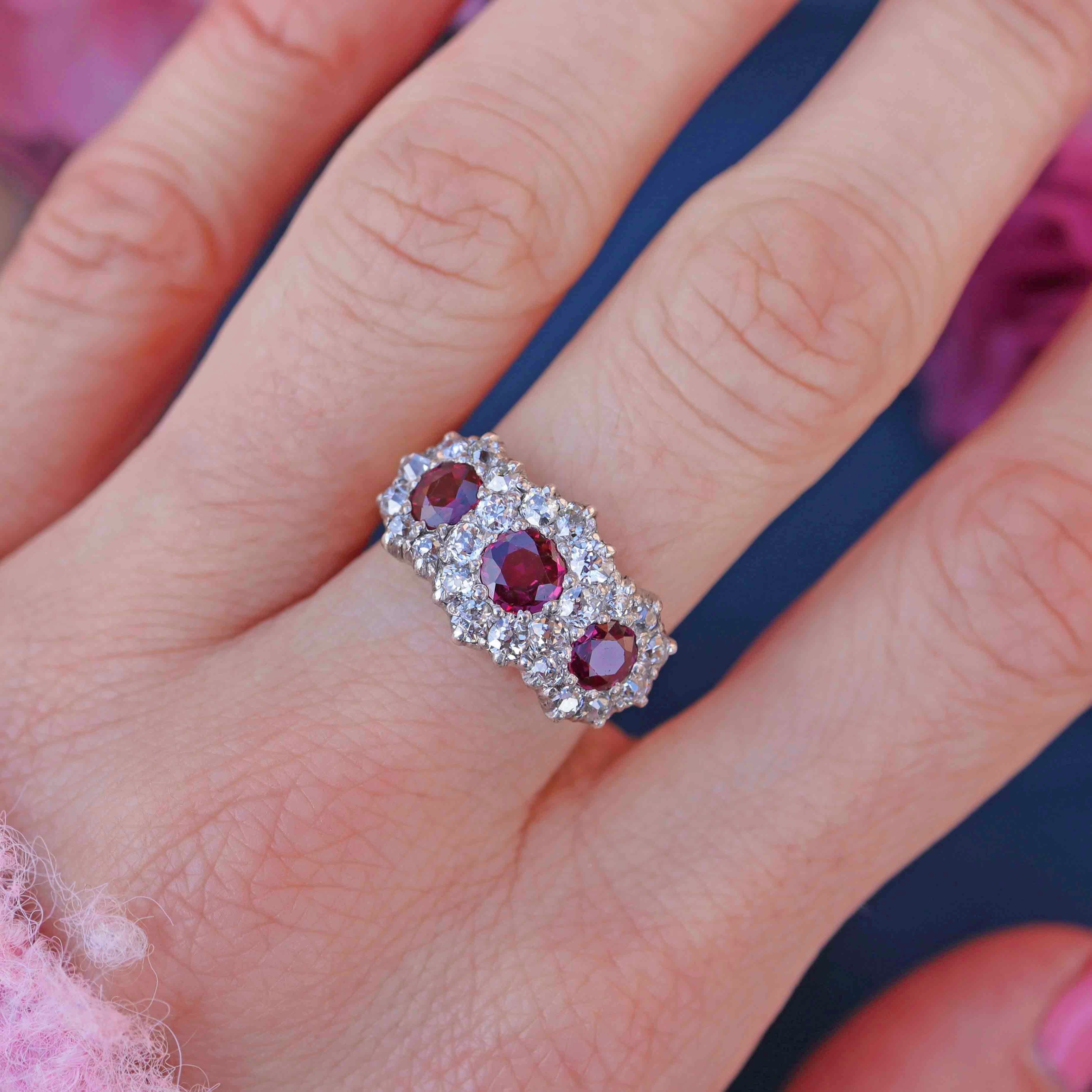Ellibelle Jewellery Antique Edwardian Ruby & Old-Cut Diamond 18ct Gold Triple Cluster Ring