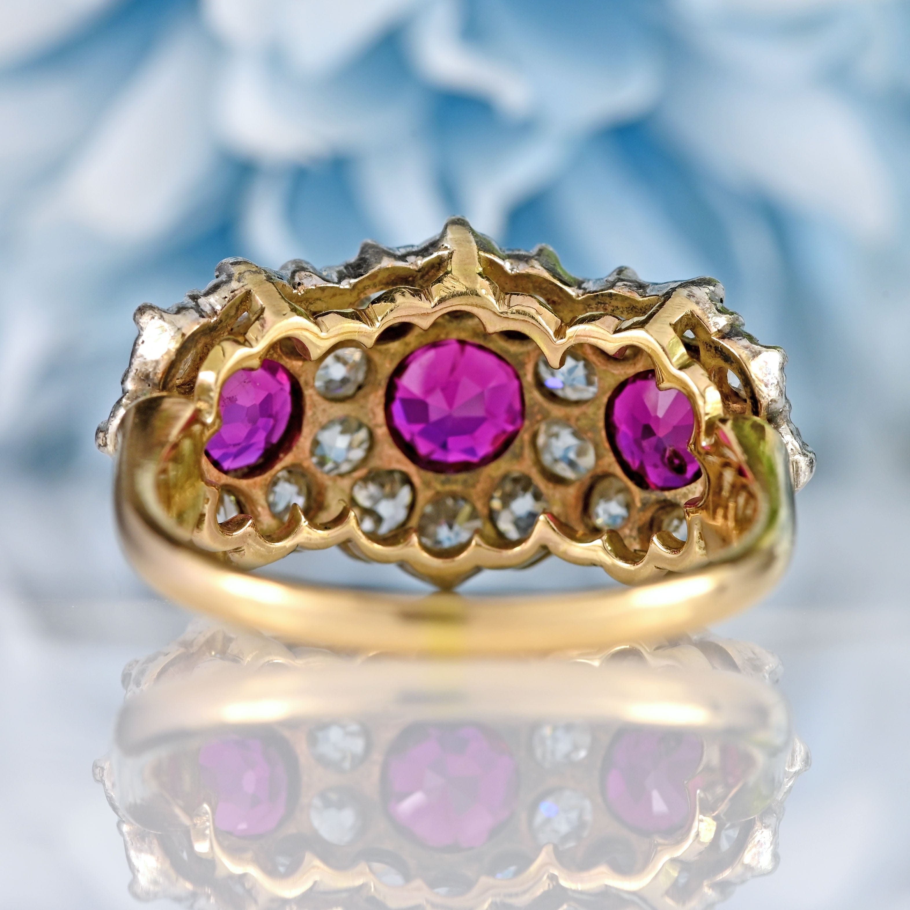 Ellibelle Jewellery Antique Edwardian Ruby & Old-Cut Diamond 18ct Gold Triple Cluster Ring