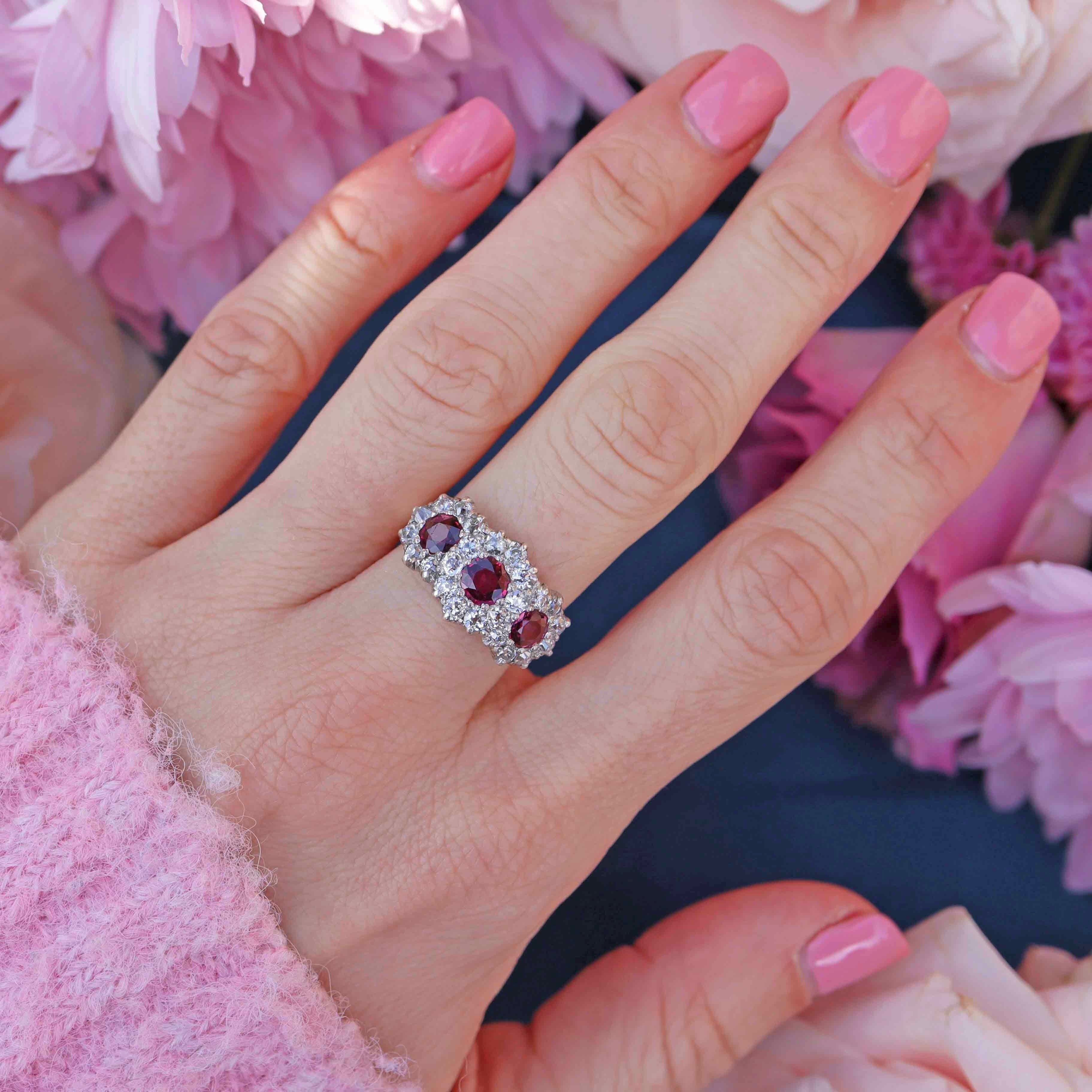 Ellibelle Jewellery Antique Edwardian Ruby & Old-Cut Diamond 18ct Gold Triple Cluster Ring