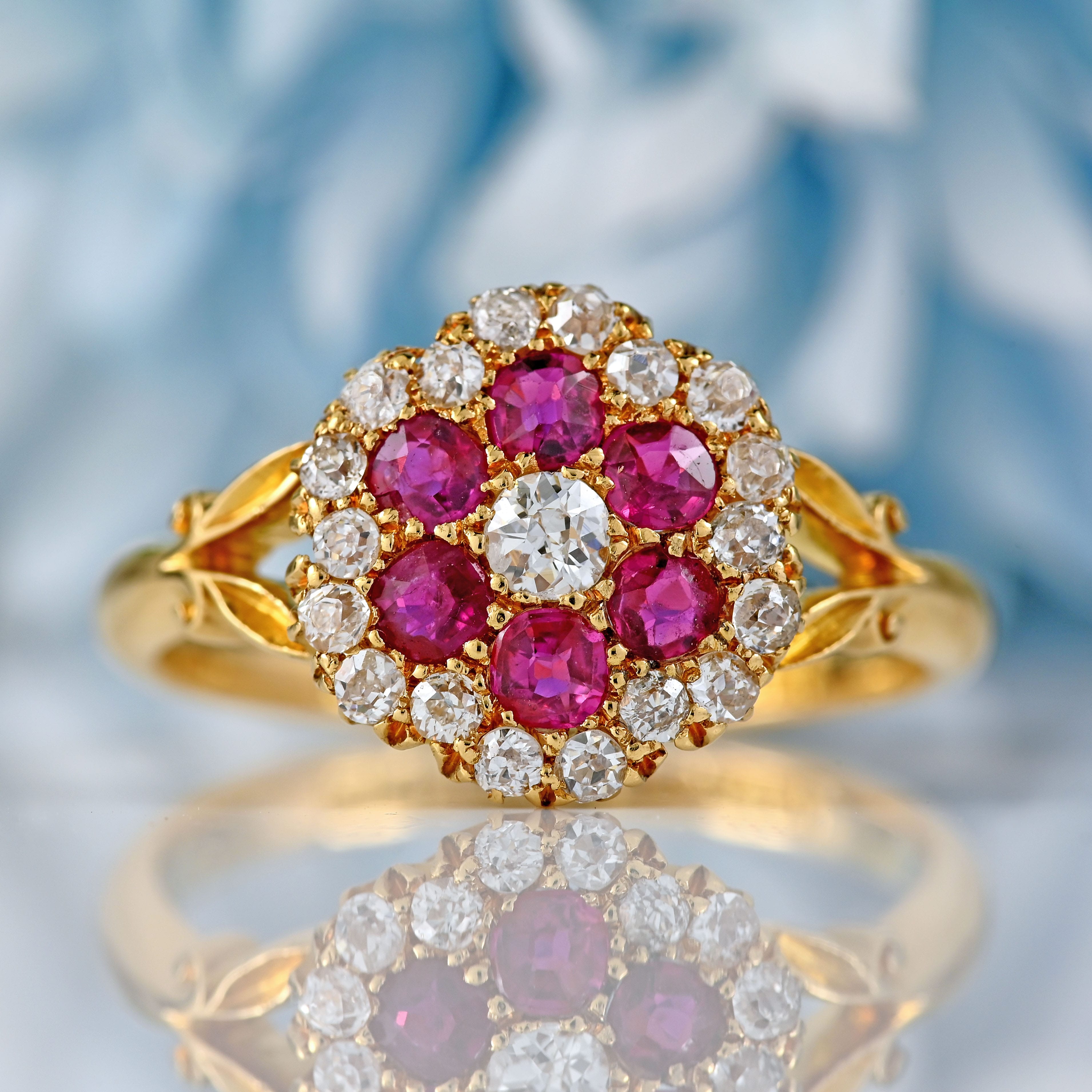 Ellibelle Jewellery Antique Edwardian Ruby & Old-Mine-Cut Diamond 18ct Gold Cluster Ring