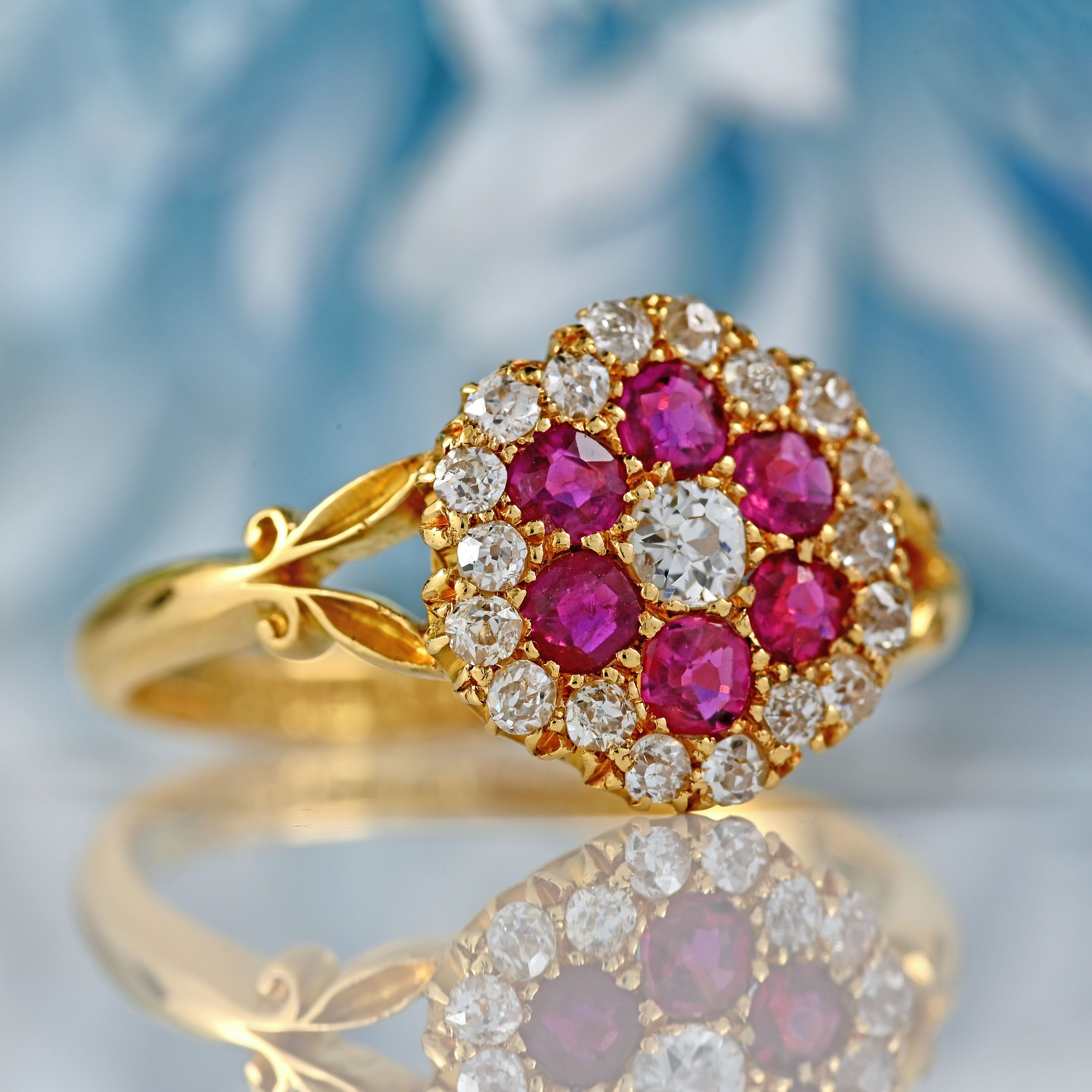Ellibelle Jewellery Antique Edwardian Ruby & Old-Mine-Cut Diamond 18ct Gold Cluster Ring