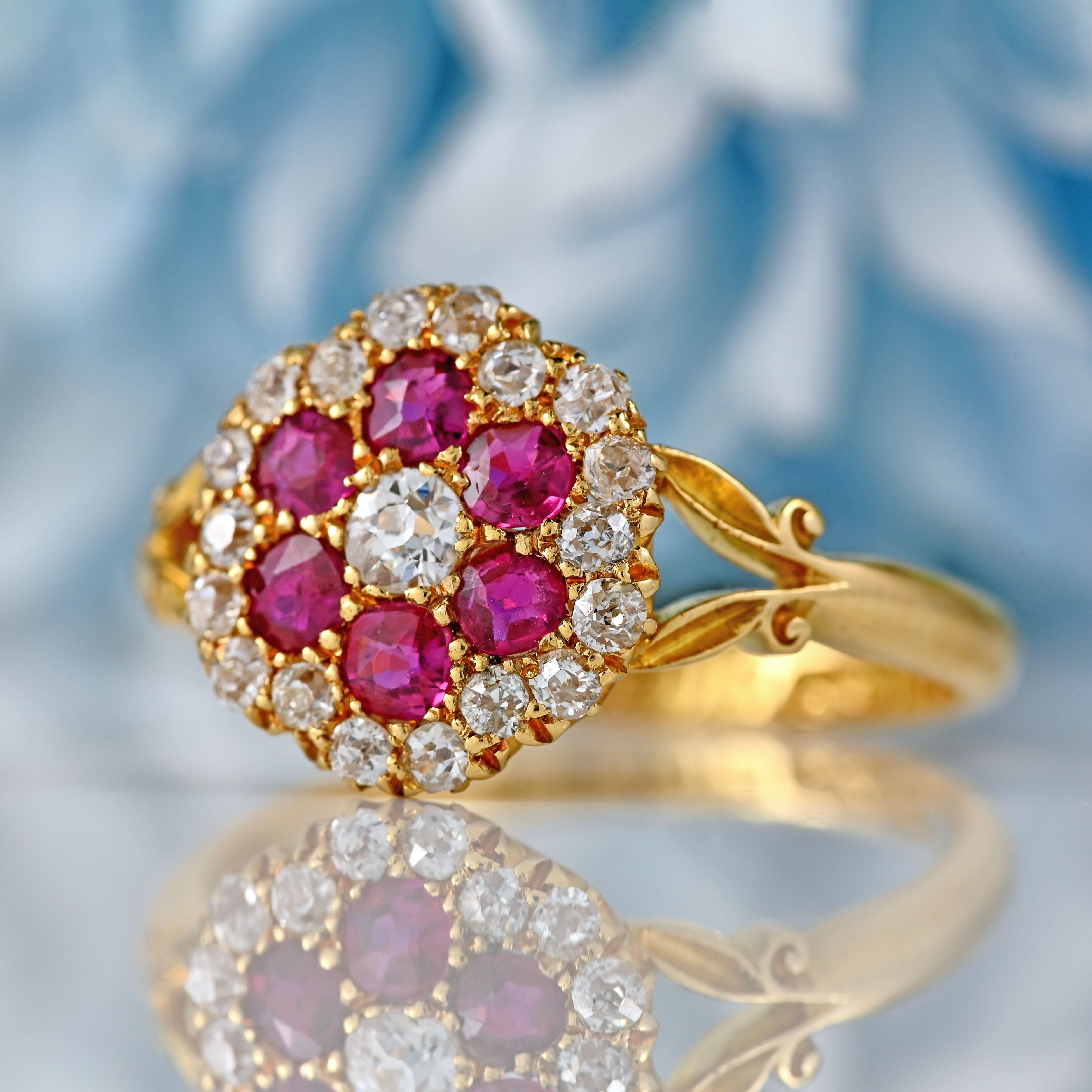 Ellibelle Jewellery Antique Edwardian Ruby & Old-Mine-Cut Diamond 18ct Gold Cluster Ring