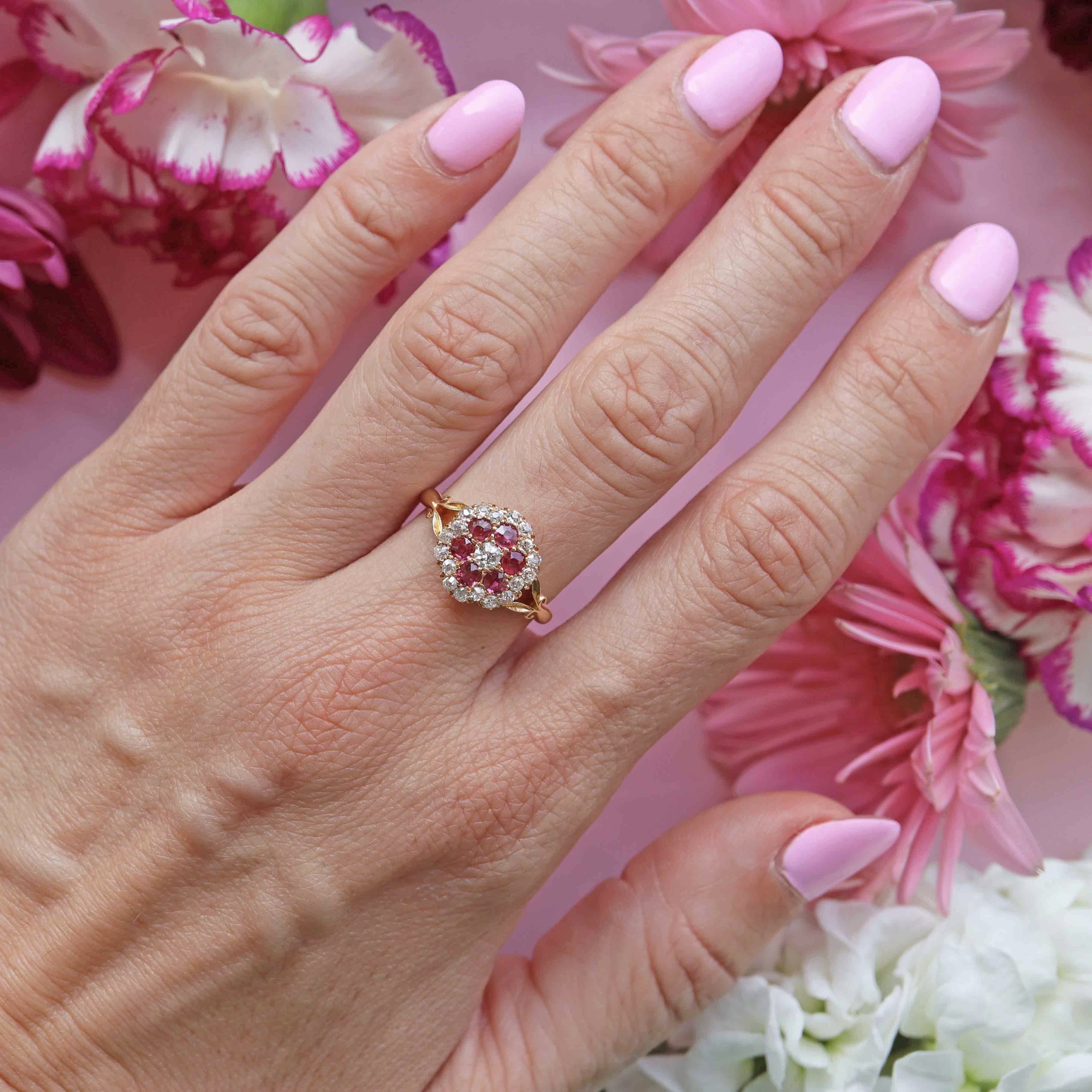 Ellibelle Jewellery Antique Edwardian Ruby & Old-Mine-Cut Diamond 18ct Gold Cluster Ring