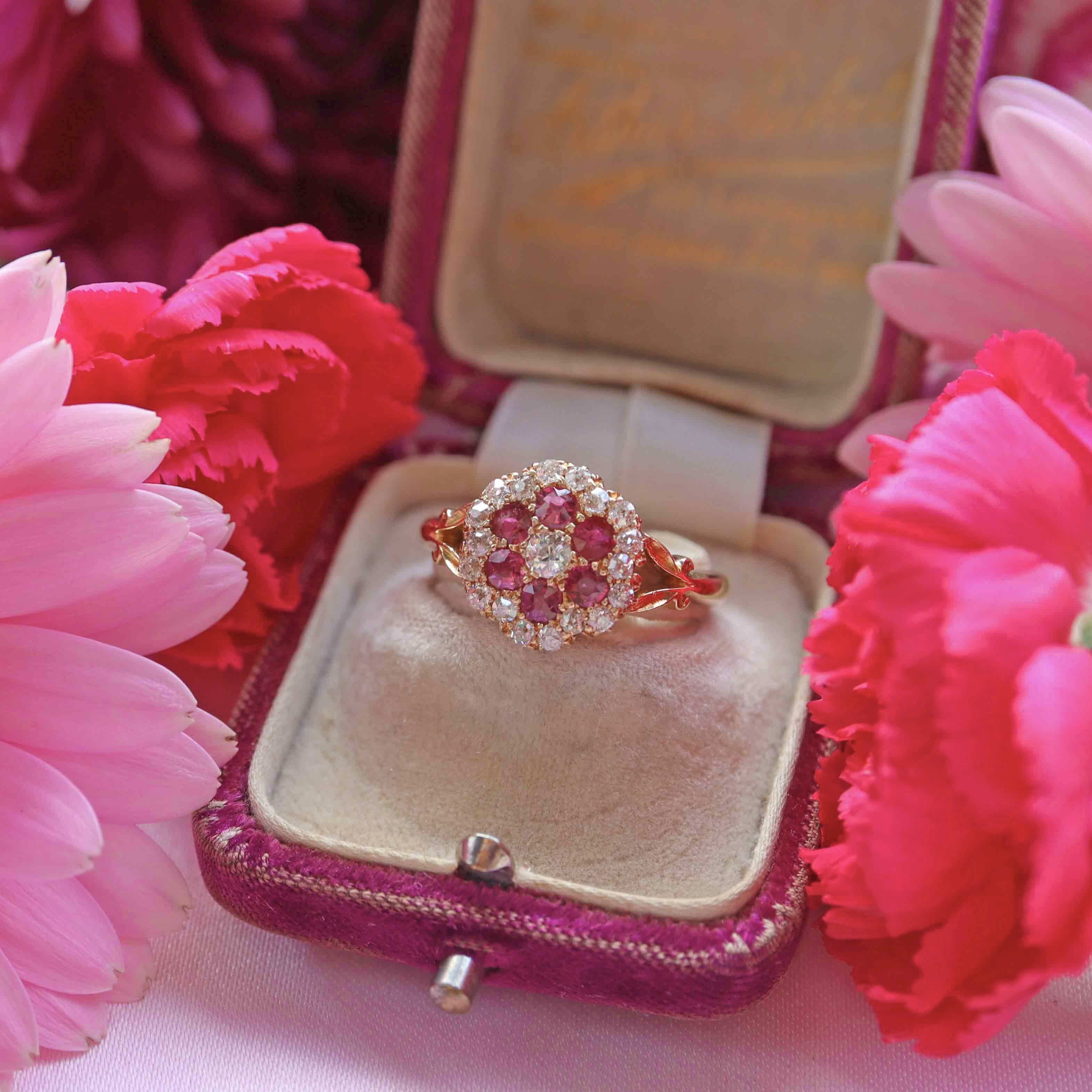 Ellibelle Jewellery Antique Edwardian Ruby & Old-Mine-Cut Diamond 18ct Gold Cluster Ring