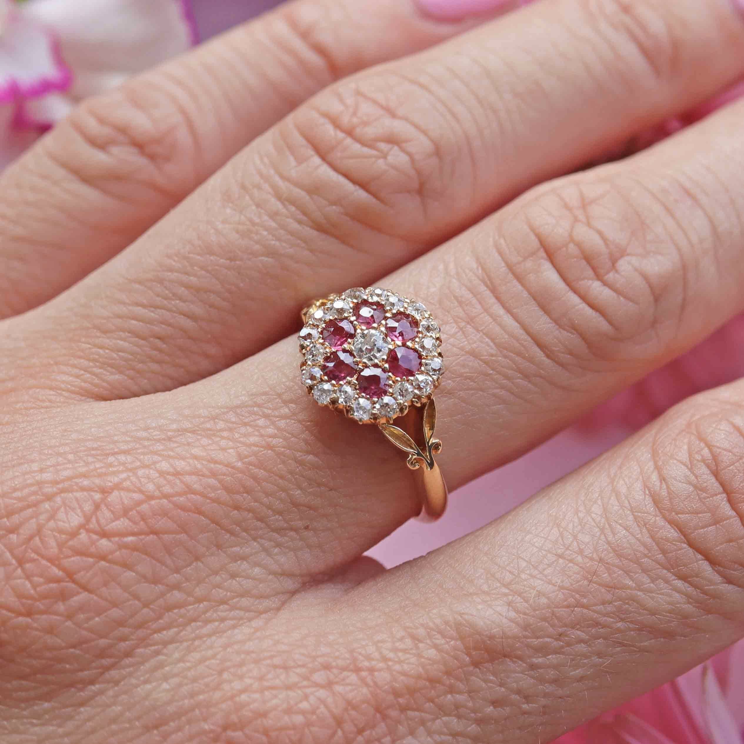 Ellibelle Jewellery Antique Edwardian Ruby & Old-Mine-Cut Diamond 18ct Gold Cluster Ring