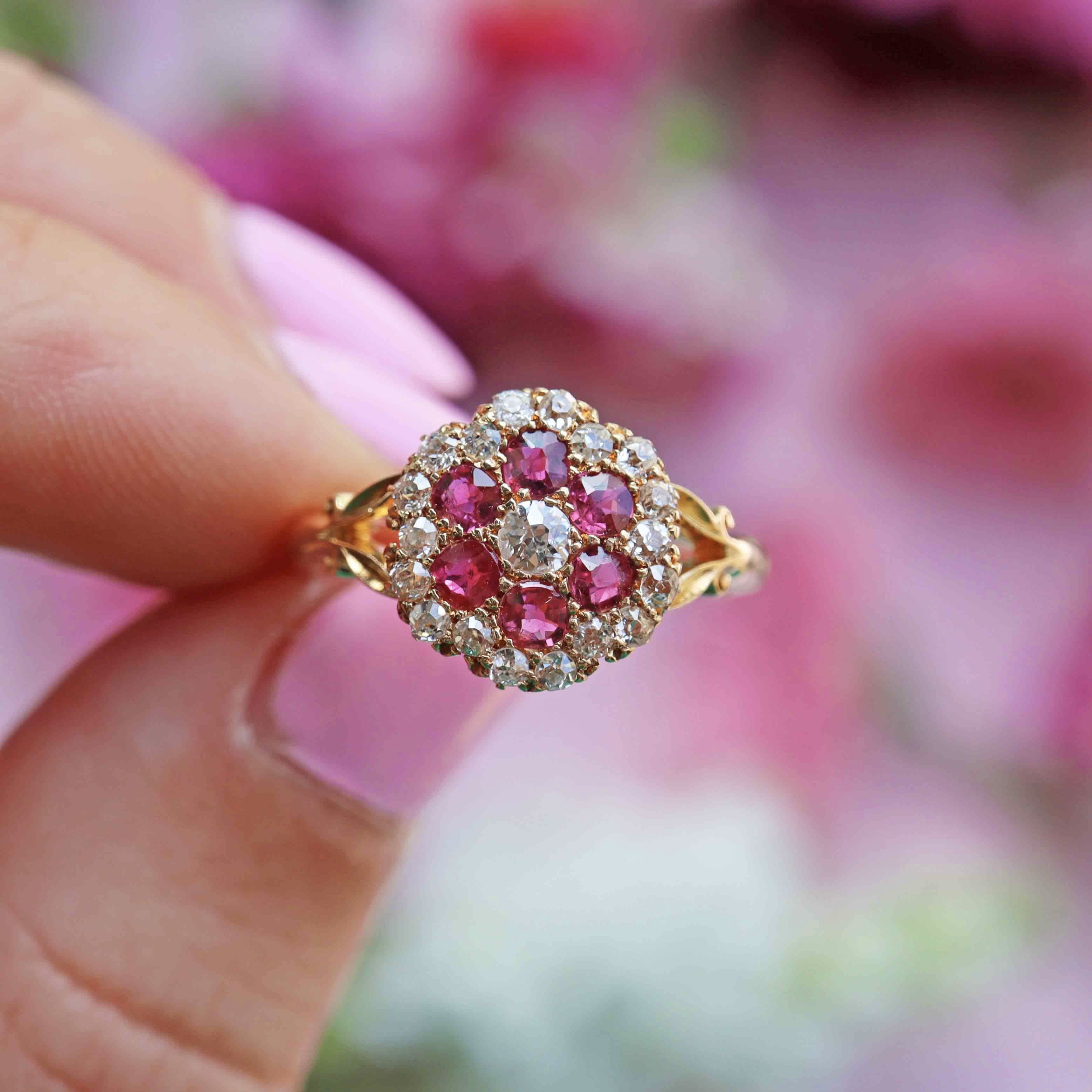 Ellibelle Jewellery Antique Edwardian Ruby & Old-Mine-Cut Diamond 18ct Gold Cluster Ring