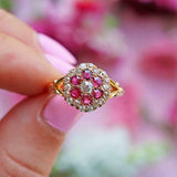 Ellibelle Jewellery Antique Edwardian Ruby & Old-Mine-Cut Diamond 18ct Gold Cluster Ring