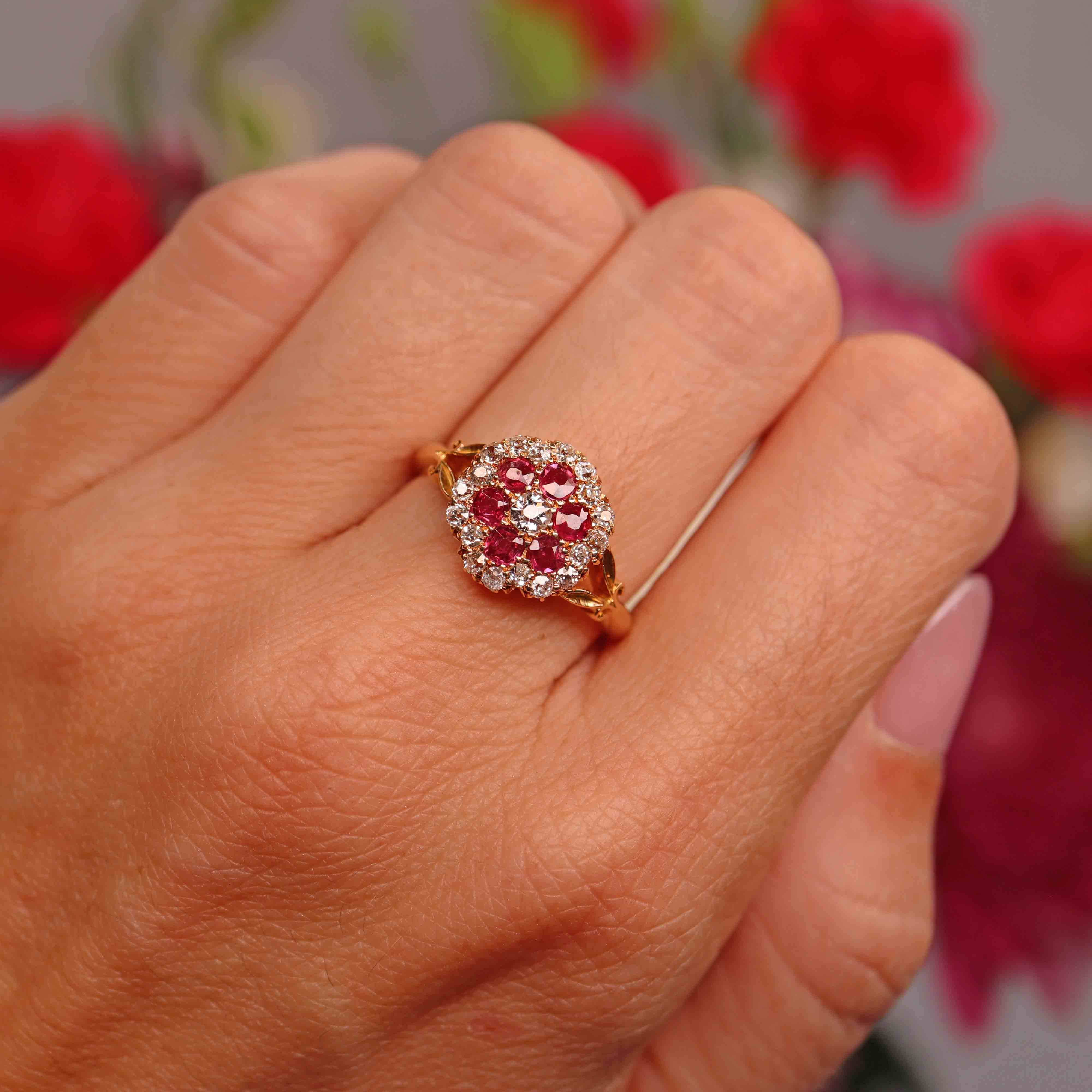Ellibelle Jewellery Antique Edwardian Ruby & Old-Mine-Cut Diamond 18ct Gold Cluster Ring