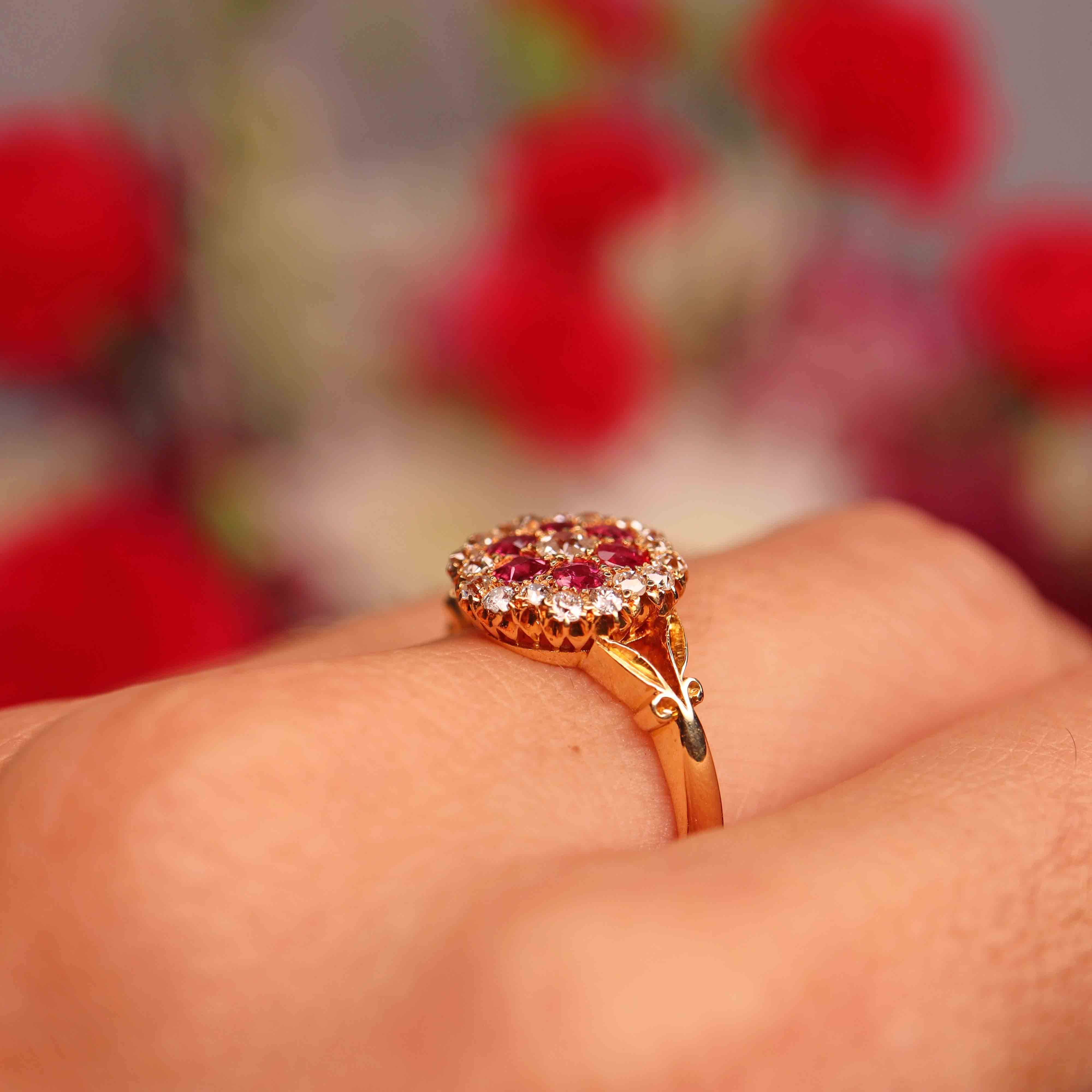 Ellibelle Jewellery Antique Edwardian Ruby & Old-Mine-Cut Diamond 18ct Gold Cluster Ring