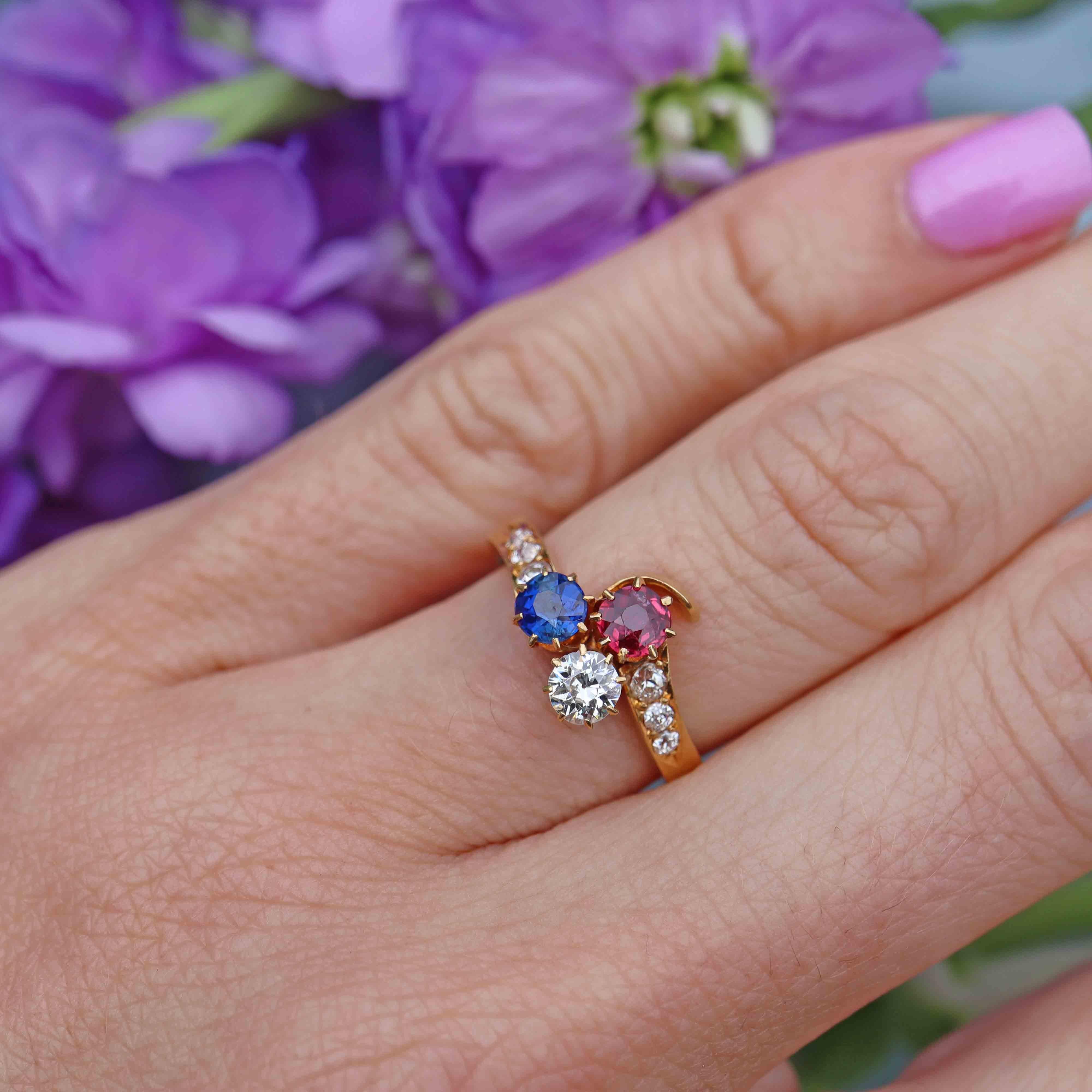 Ellibelle Jewellery Antique Edwardian Ruby, Sapphire & Diamond 18ct Gold Trefoil Ring