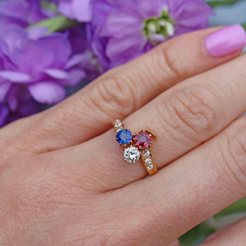 Ellibelle Jewellery Antique Edwardian Ruby, Sapphire & Diamond 18ct Gold Trefoil Ring