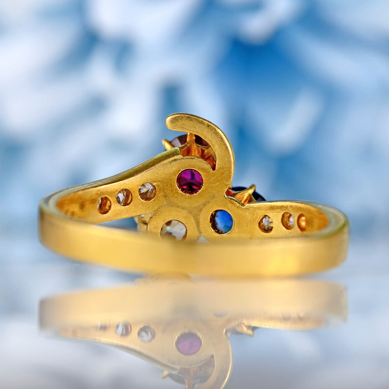 Ellibelle Jewellery Antique Edwardian Ruby, Sapphire & Diamond 18ct Gold Trefoil Ring